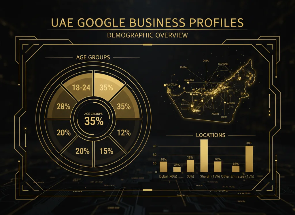 Demographic dashboard showing age groups and locations of UAE users on Google Business Profiles