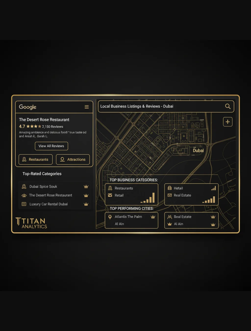 2026 Google Maps interface with reviews and local business listings in Dubai and Ras Al Khaimah