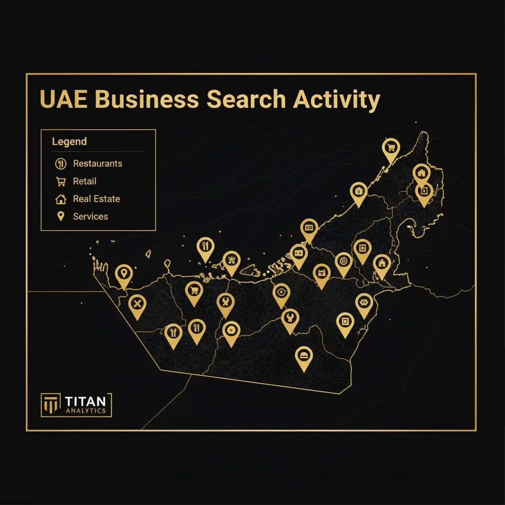 Map of UAE Emirates with Google local search pins indicating high intent queries