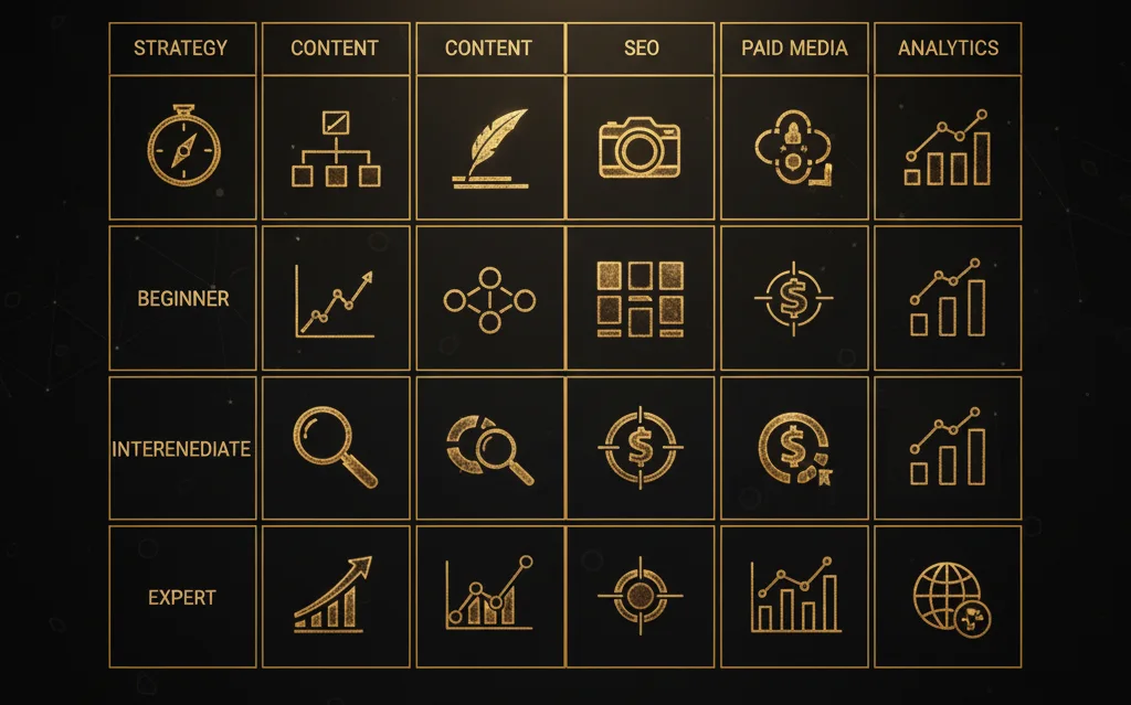 Matrix of skills across strategy, content, SEO, paid, analytics