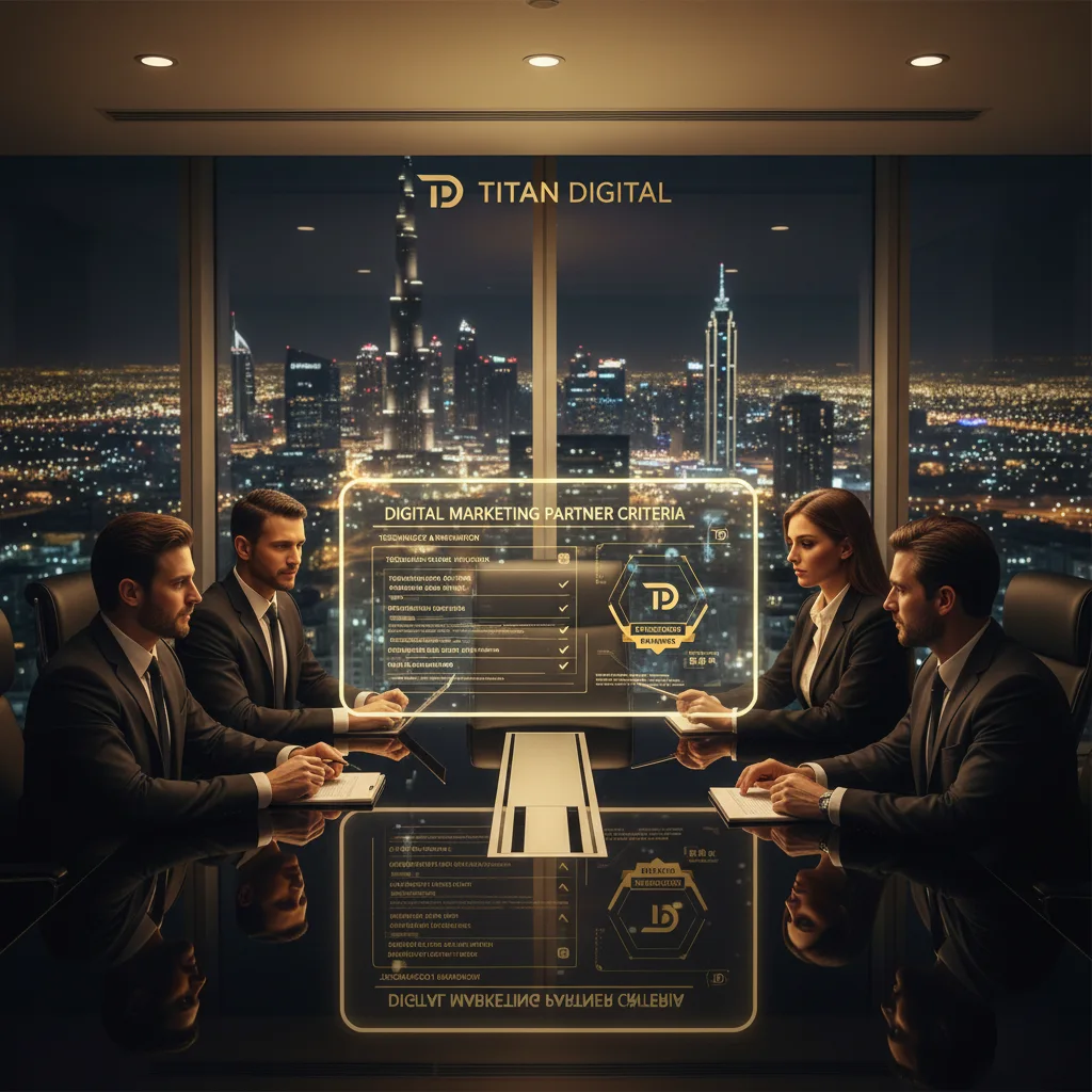 Real estate leadership team reviewing digital marketing partner criteria in Dubai