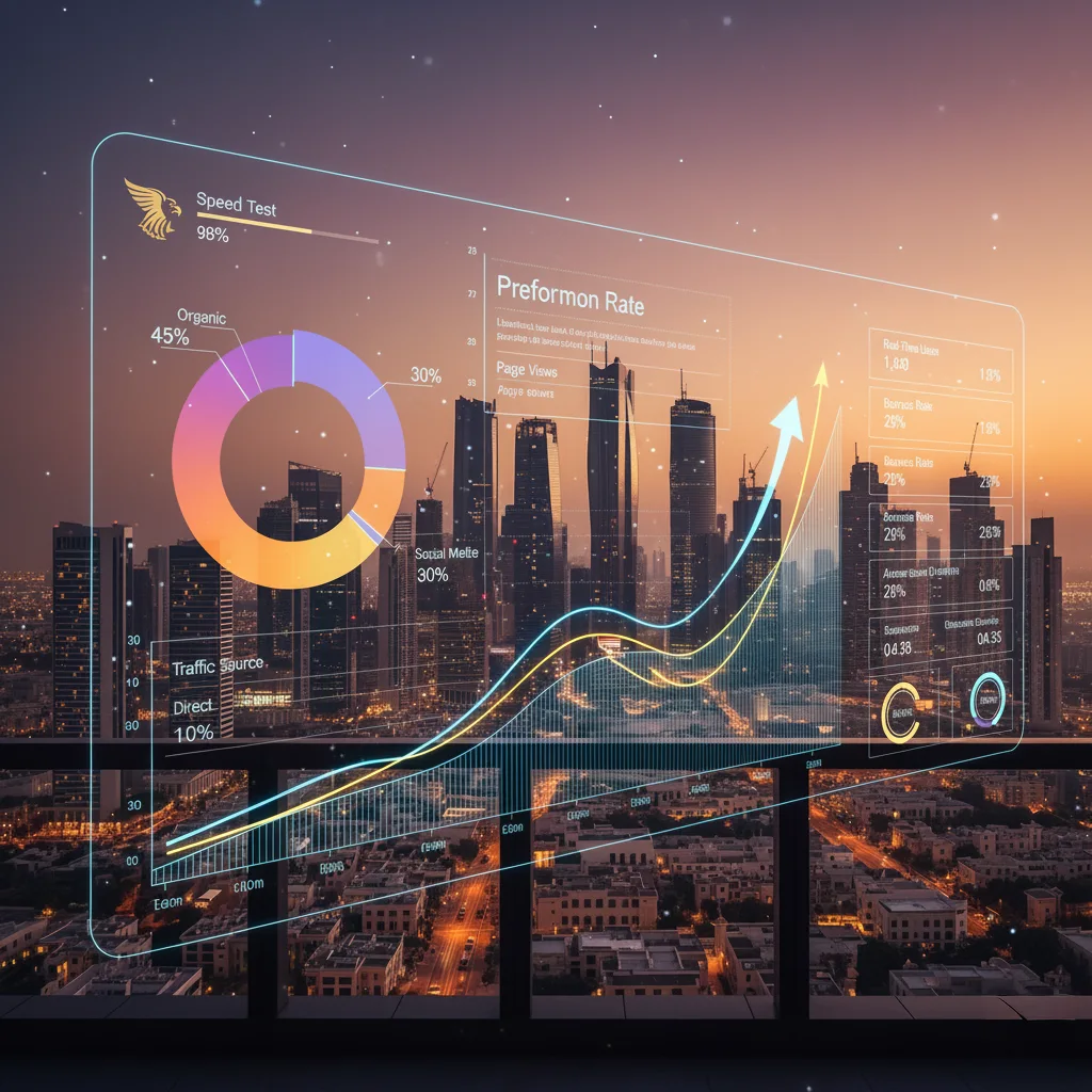 Sharjah skyline with website performance analytics overlay