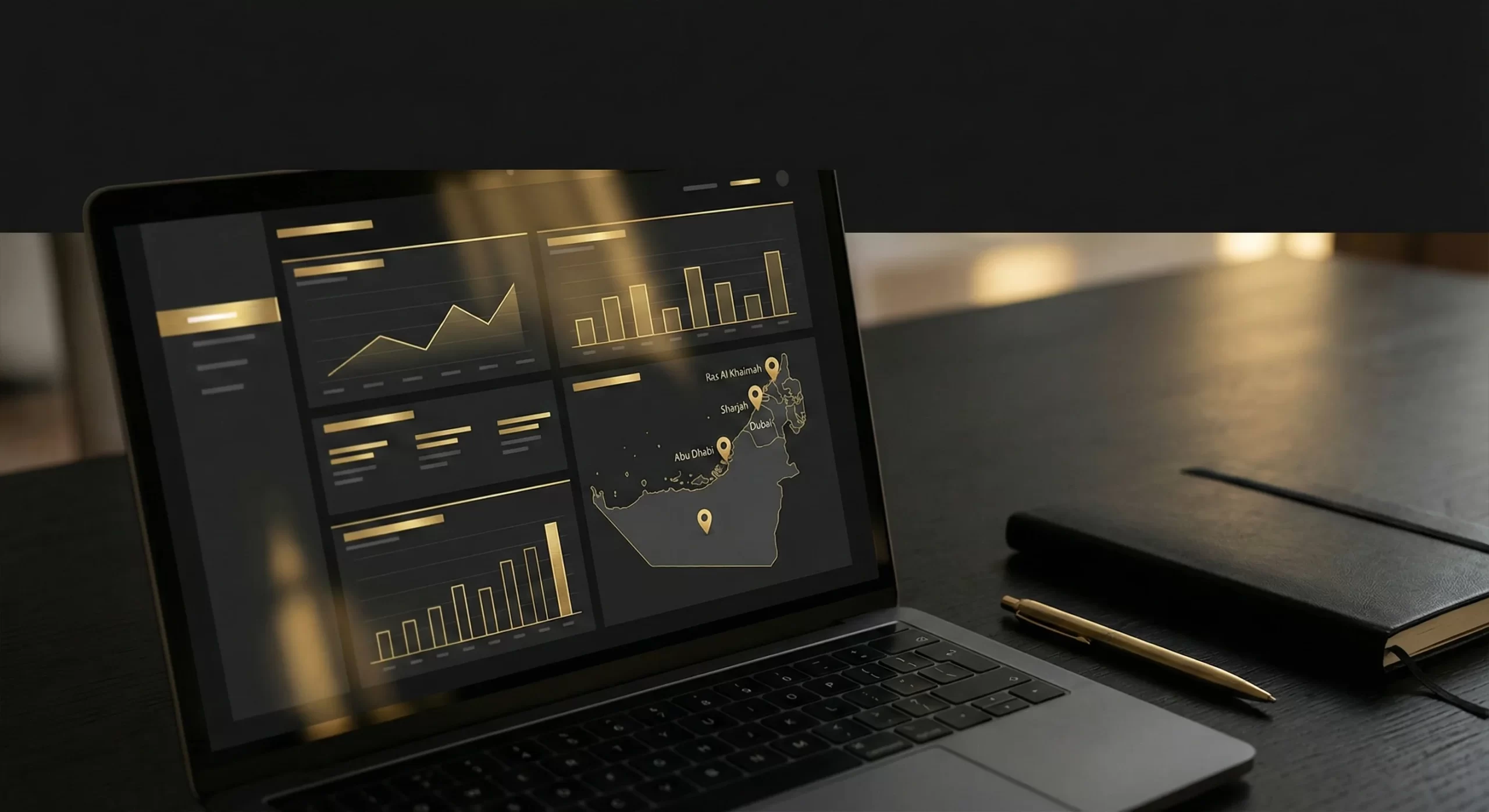 Digital marketing dashboard showing UAE performance metrics in black and gold style