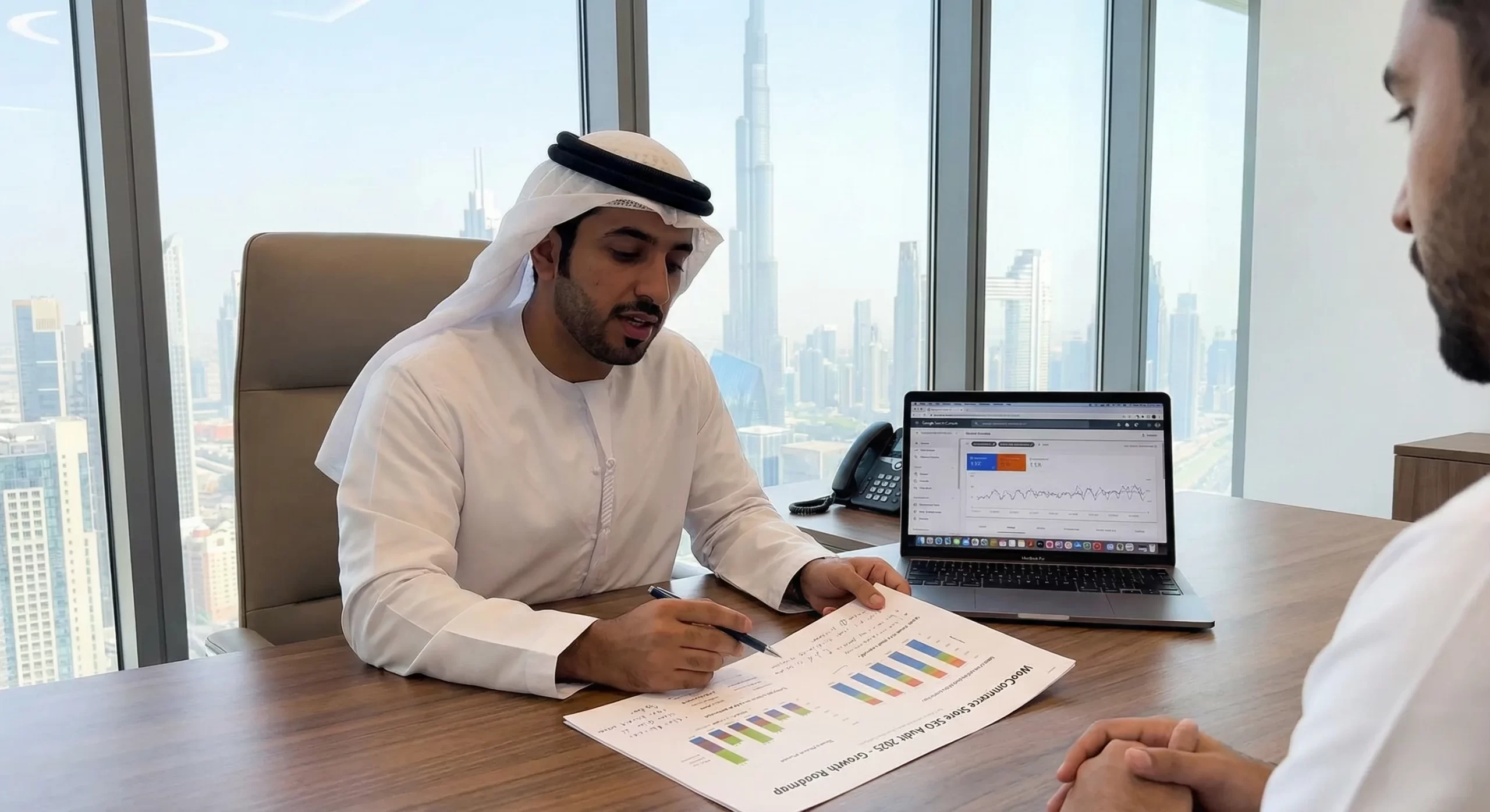 Emirati business owner reviewing WooCommerce SEO performance dashboard in Ras Al Khaimah