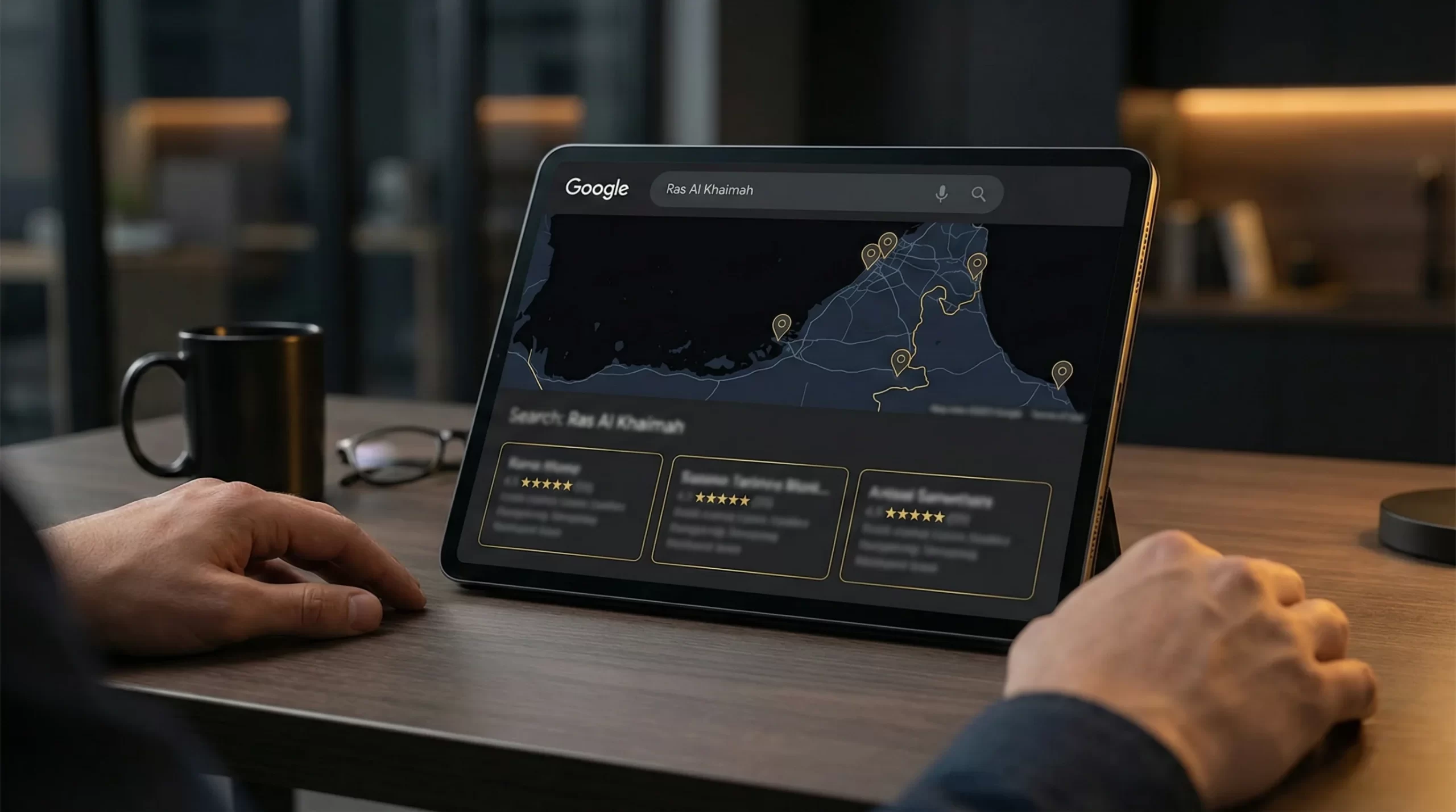 Google Maps showing local business results for Ras Al Khaimah districts