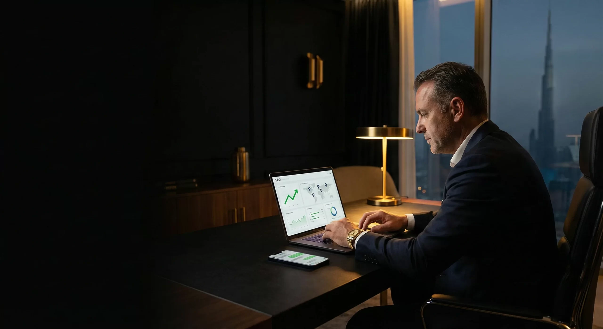 UAE business owner reviewing local SEO performance on a laptop in a black and gold office