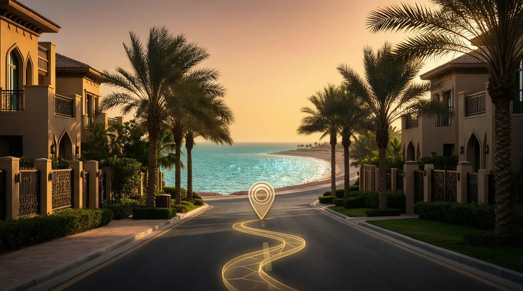 Luxury neighborhood scene with subtle map line overlay, premium black and gold style