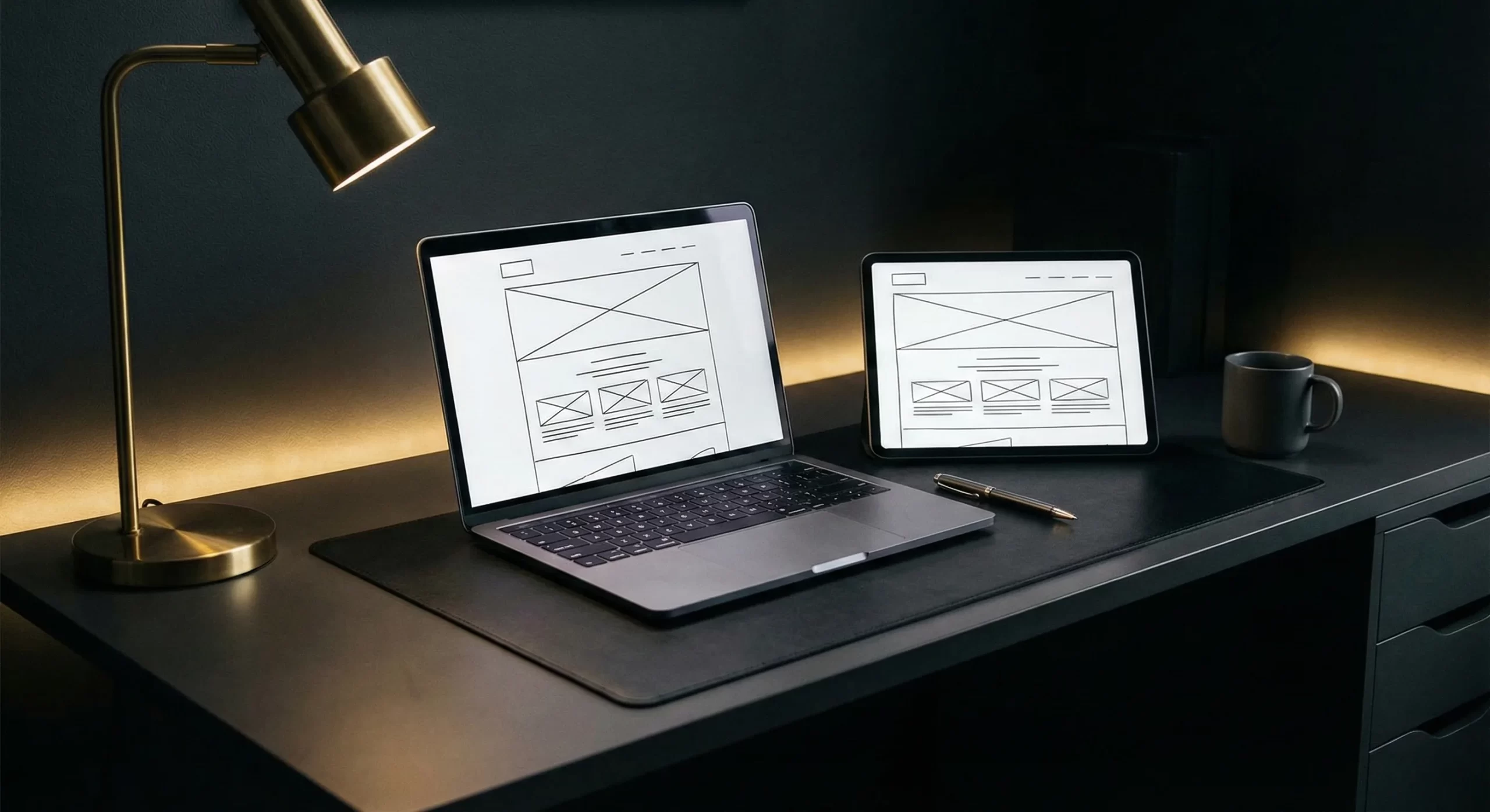 Luxury real estate homepage wireframe on a laptop in a dark studio with gold lighting