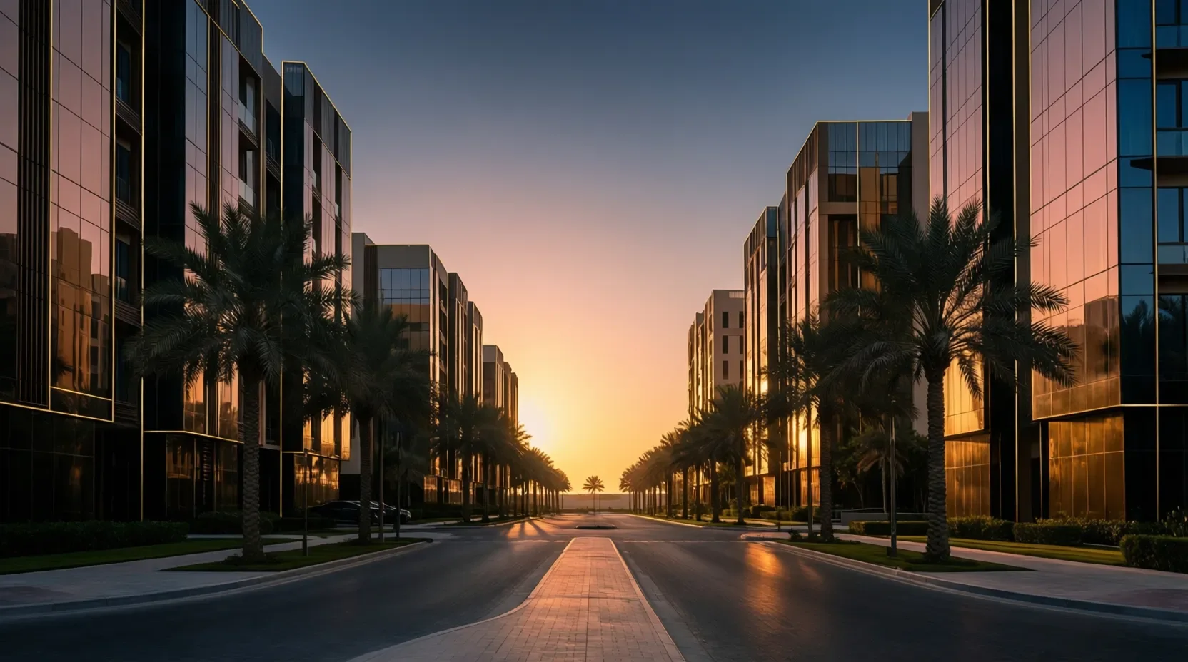 Luxury neighborhood scene in the UAE with a premium website design feel, black and gold style