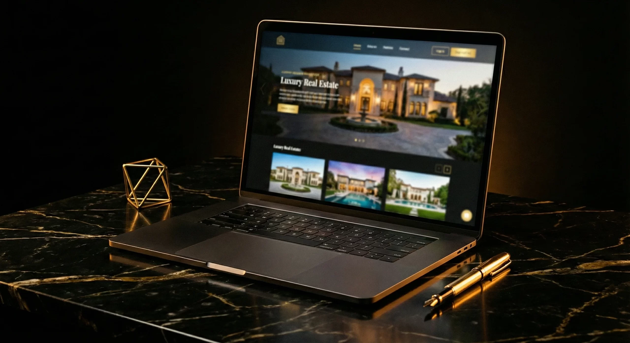 Laptop on dark desk showing a premium luxury real estate homepage layout, black and gold style