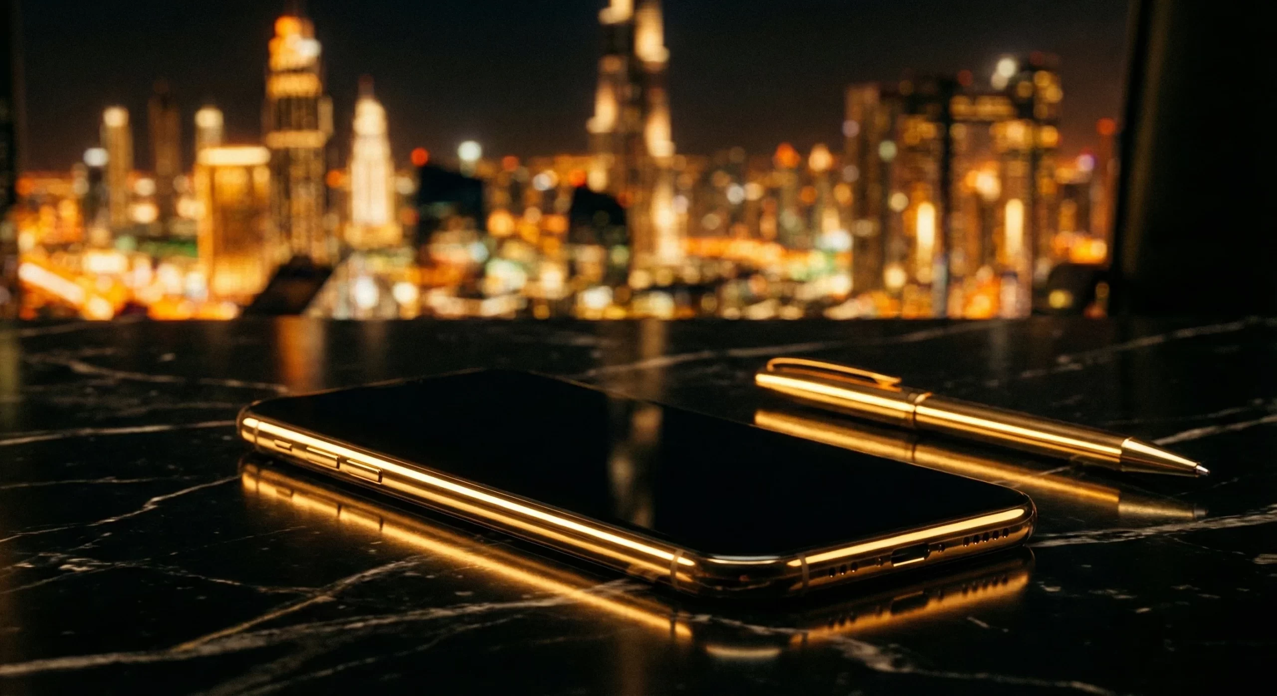 Premium phone on black marble desk in a luxury real estate setting, WhatsApp-first lead funnel in the UAE