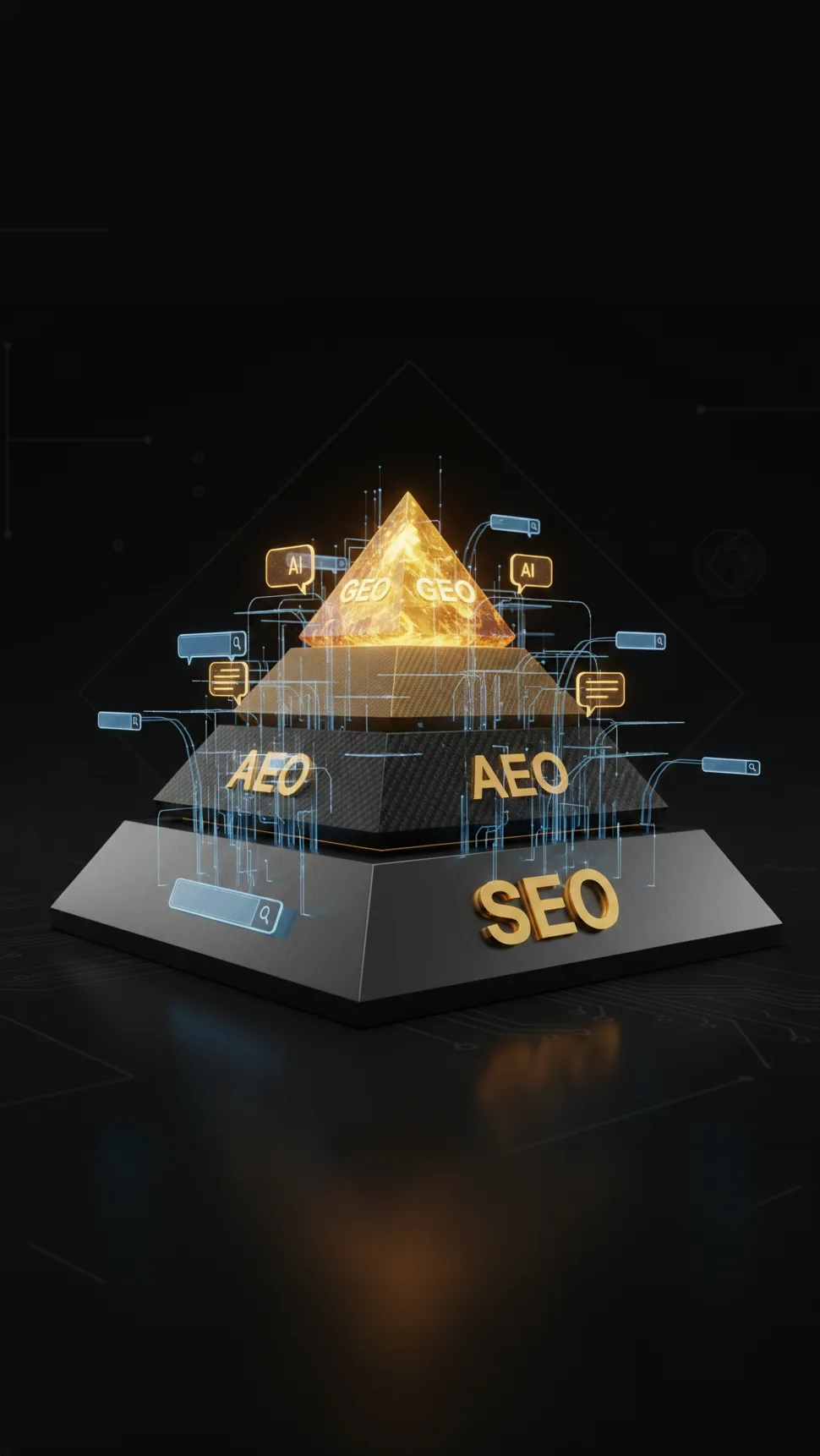 A futuristic, 3D visualization of a layered digital marketing pyramid. The wide base is labeled 'SEO', the middle tier is 'AEO', and the glowing peak is 'GEO'. Digital data streams and nodes connect traditional search bars to AI chat interfaces.