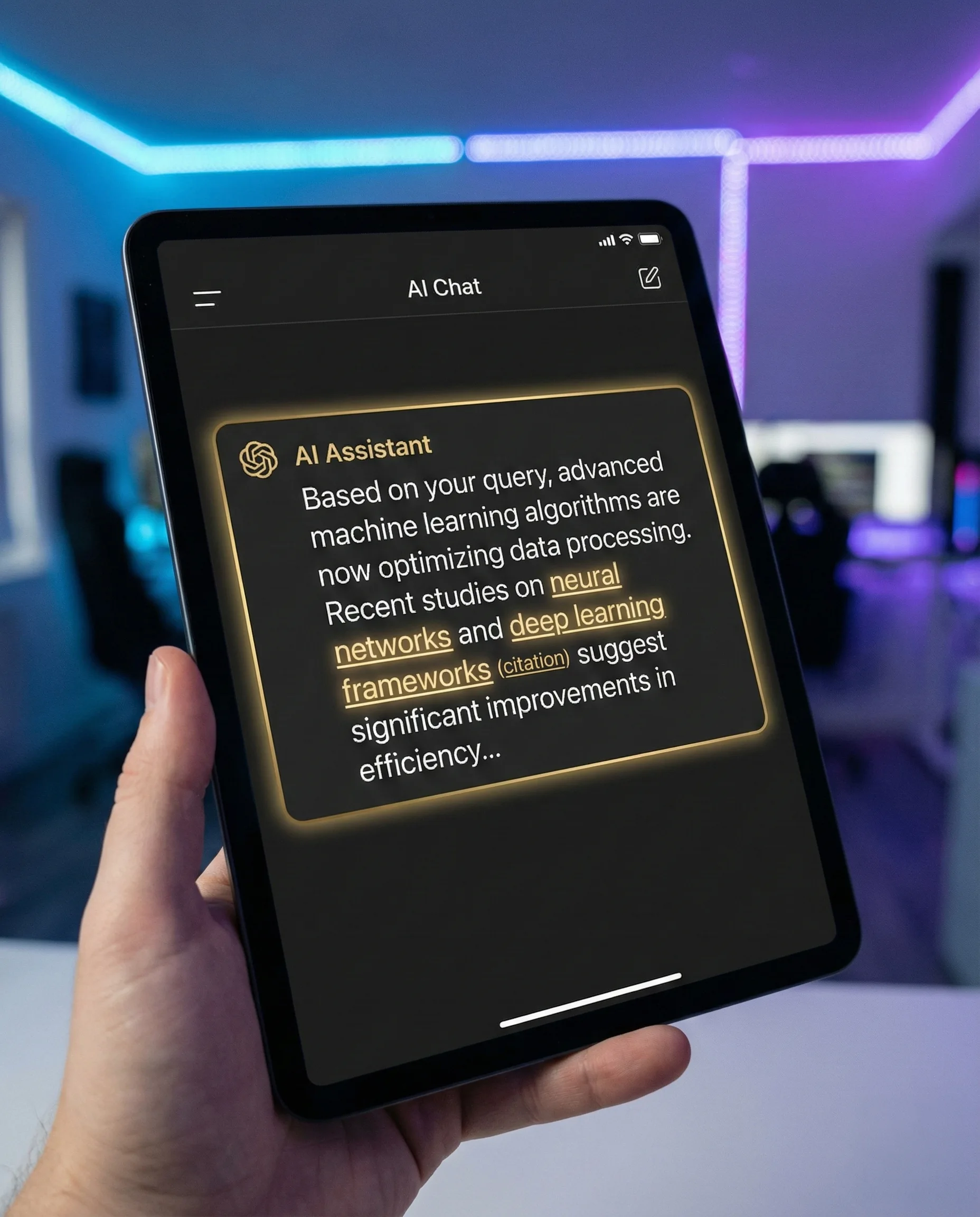 A close-up mockup of a modern AI chat interface in dark mode. 