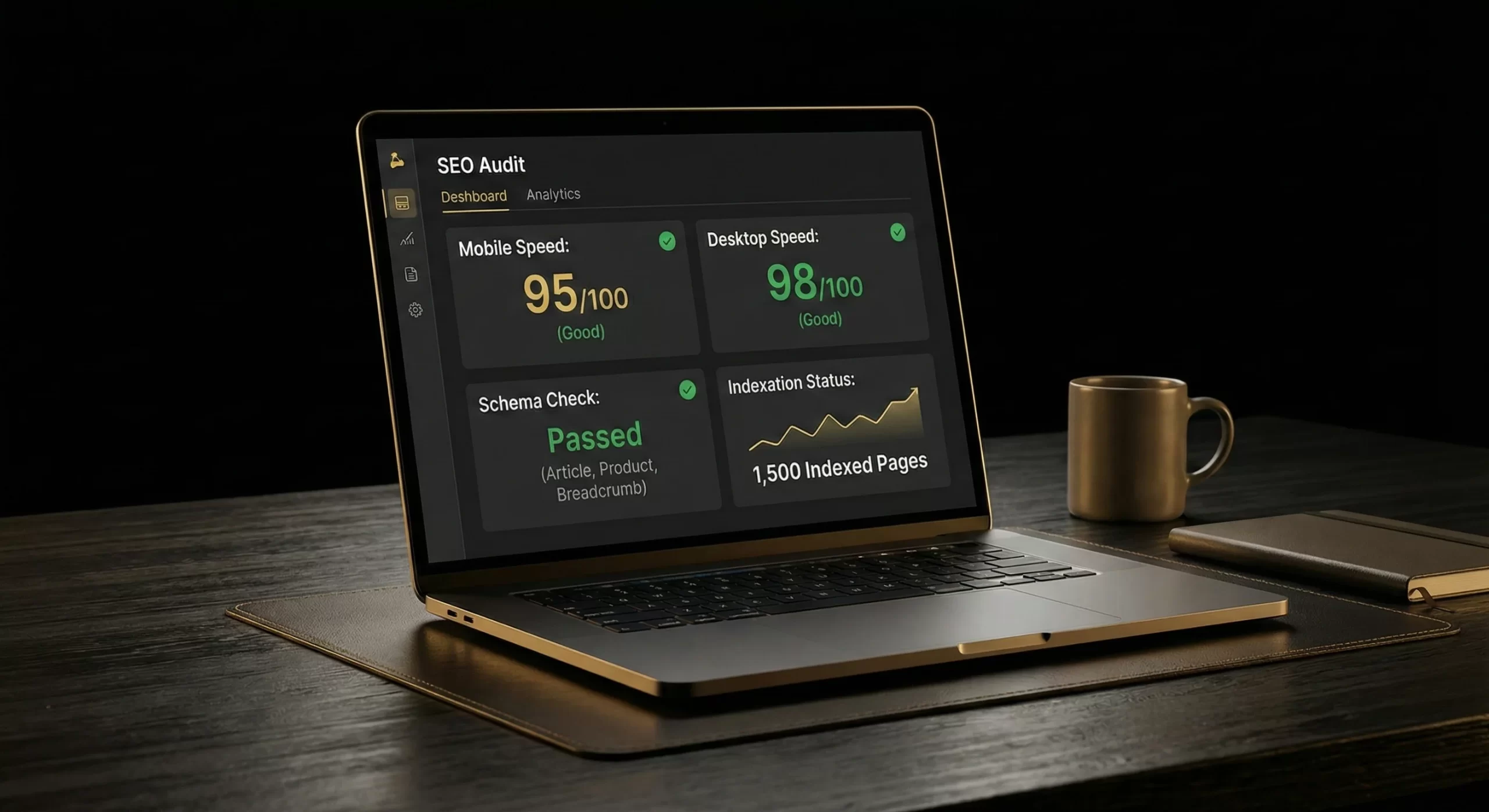 A laptop on a dark desk showing an SEO audit dashboard with speed metrics, schema check, indexation chart