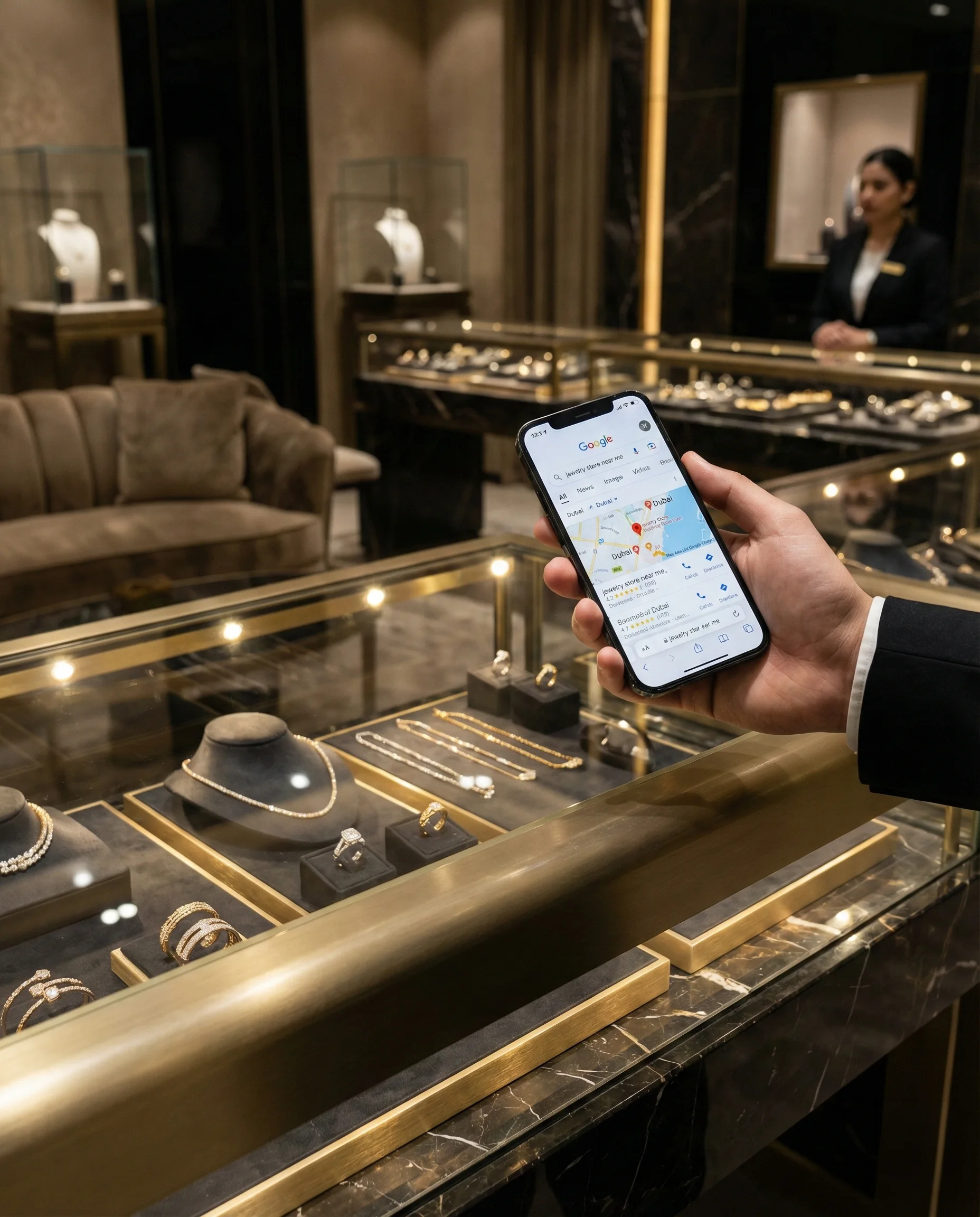 A premium UAE jewelry store interior, elegant jewelry counter with warm spotlight reflections on gold and diamonds, a hand holding a smartphone showing a Google search for “jewelry store near me”