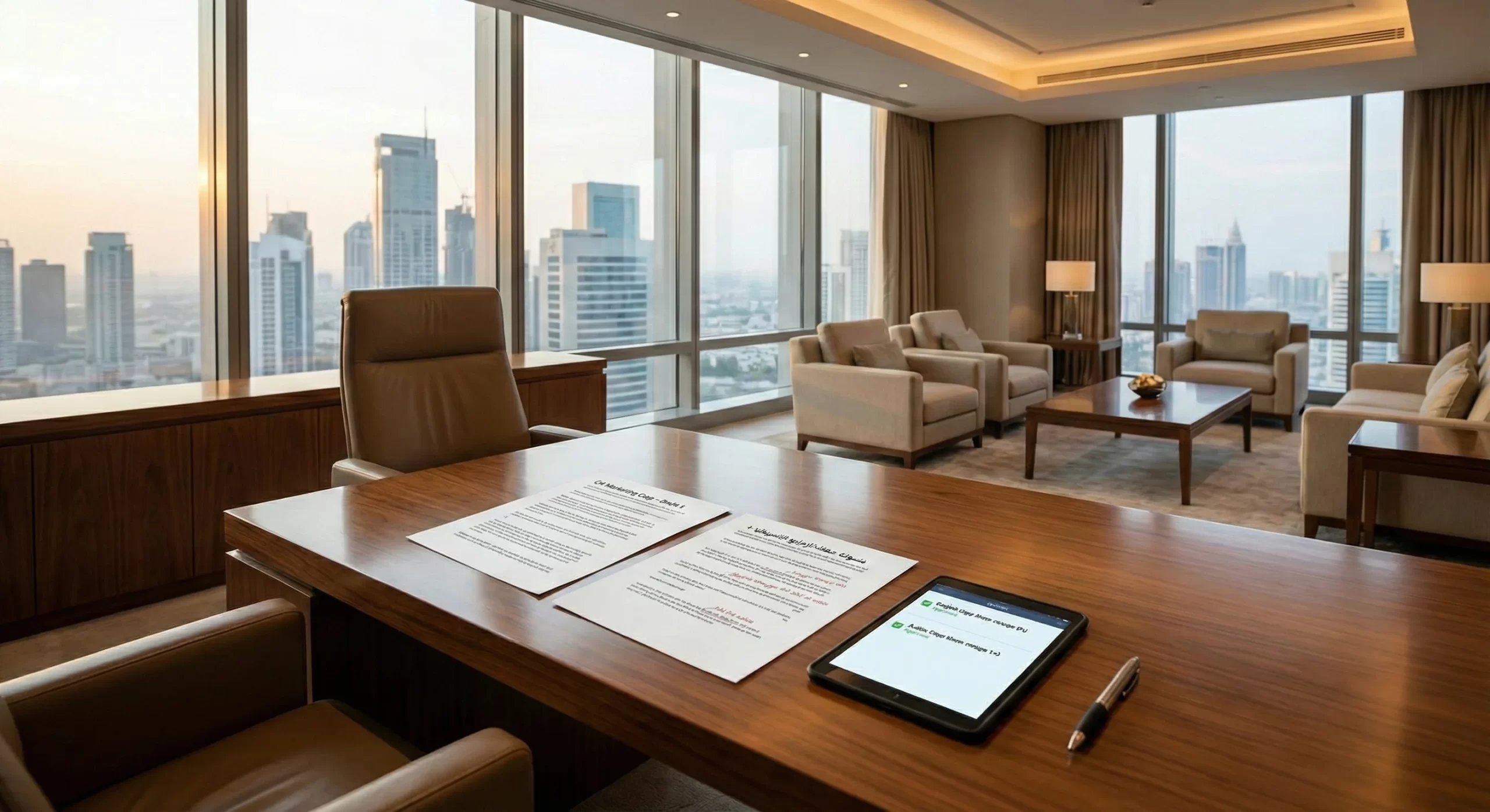 Bilingual review workflow: English copy, Arabic copy, approval checklist, premium office scene