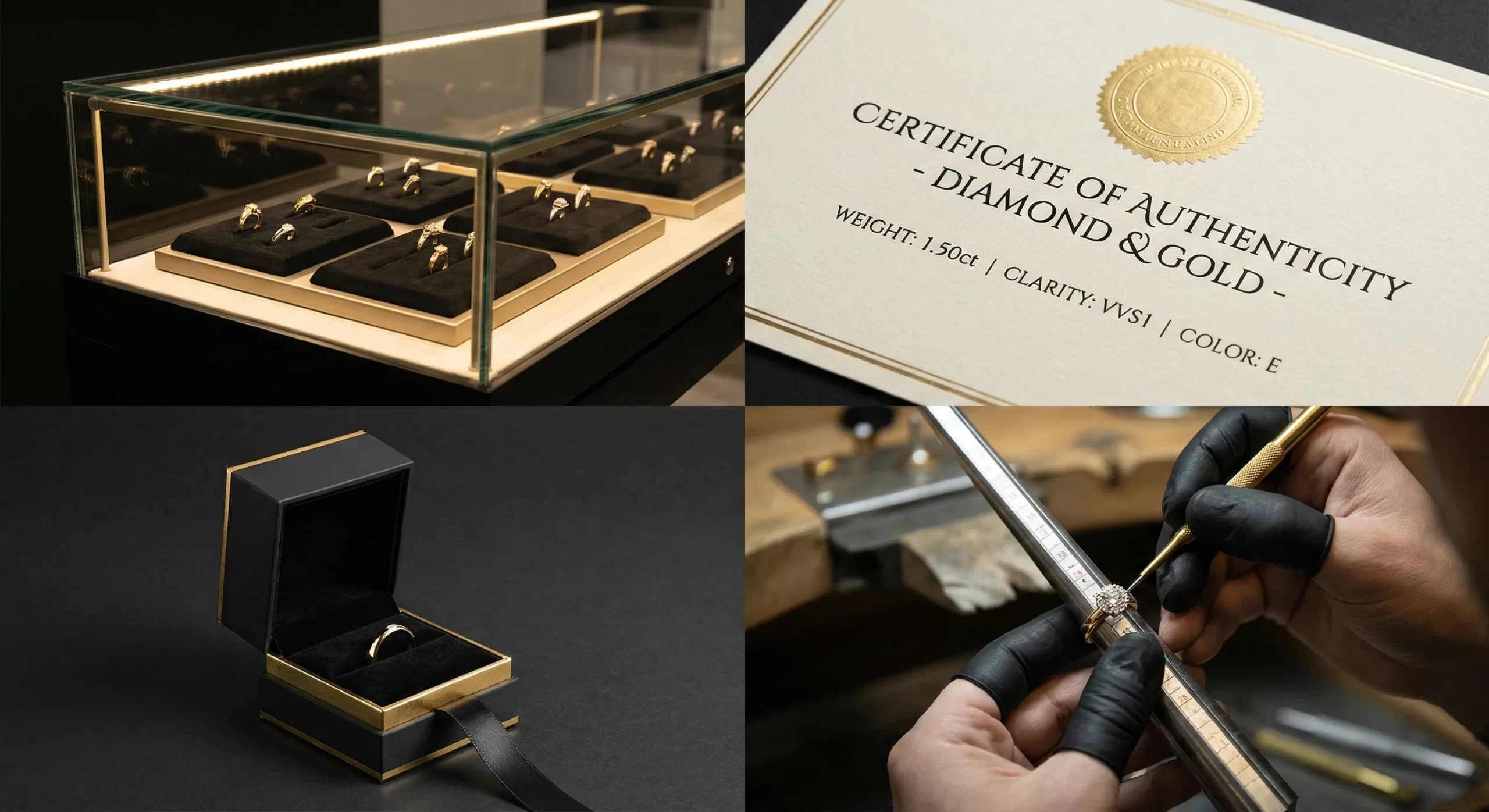 Four-panel photo collage: jewelry display case, authenticity certificate close-up, branded premium packaging, jeweler hands adjusting ring size