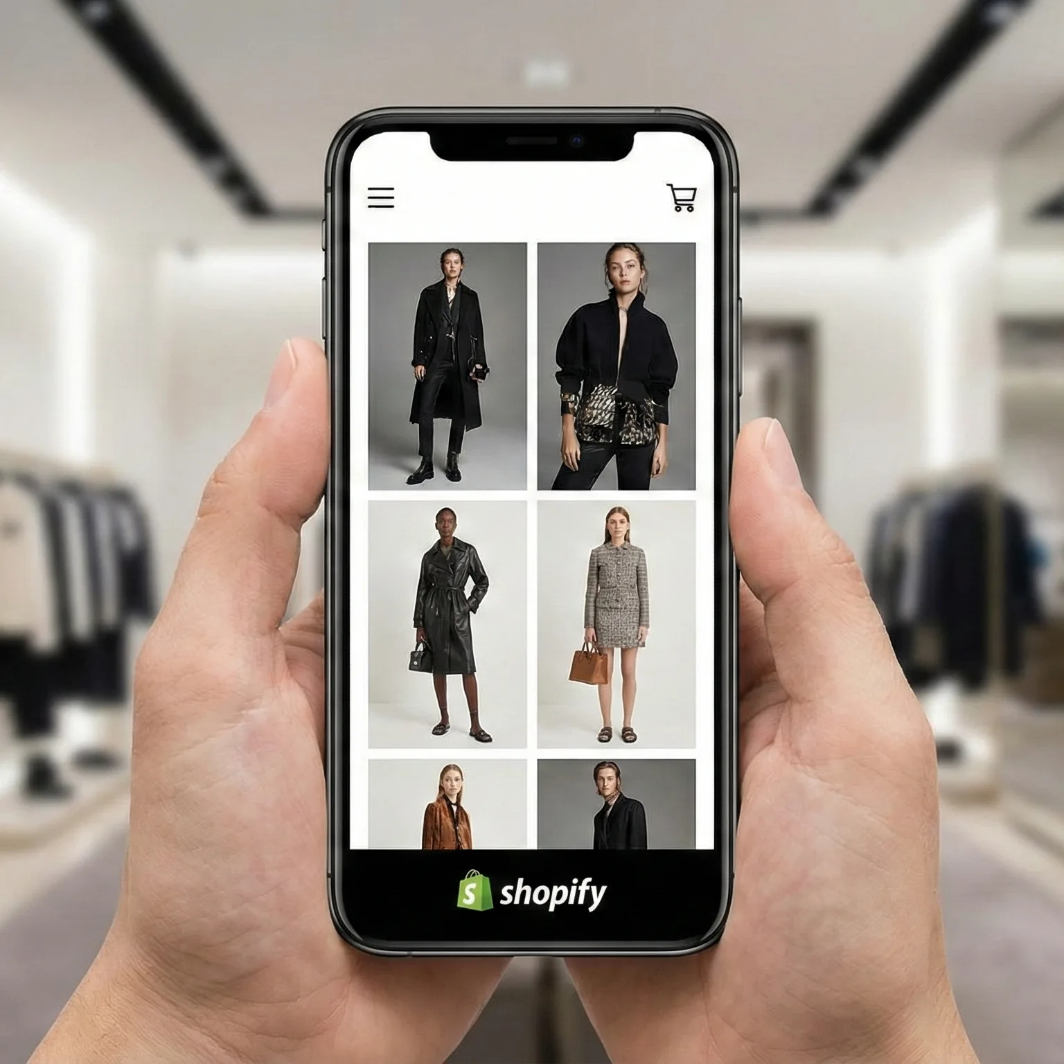 High-end fashion clothing Shopify e-commerce website on a mobile device