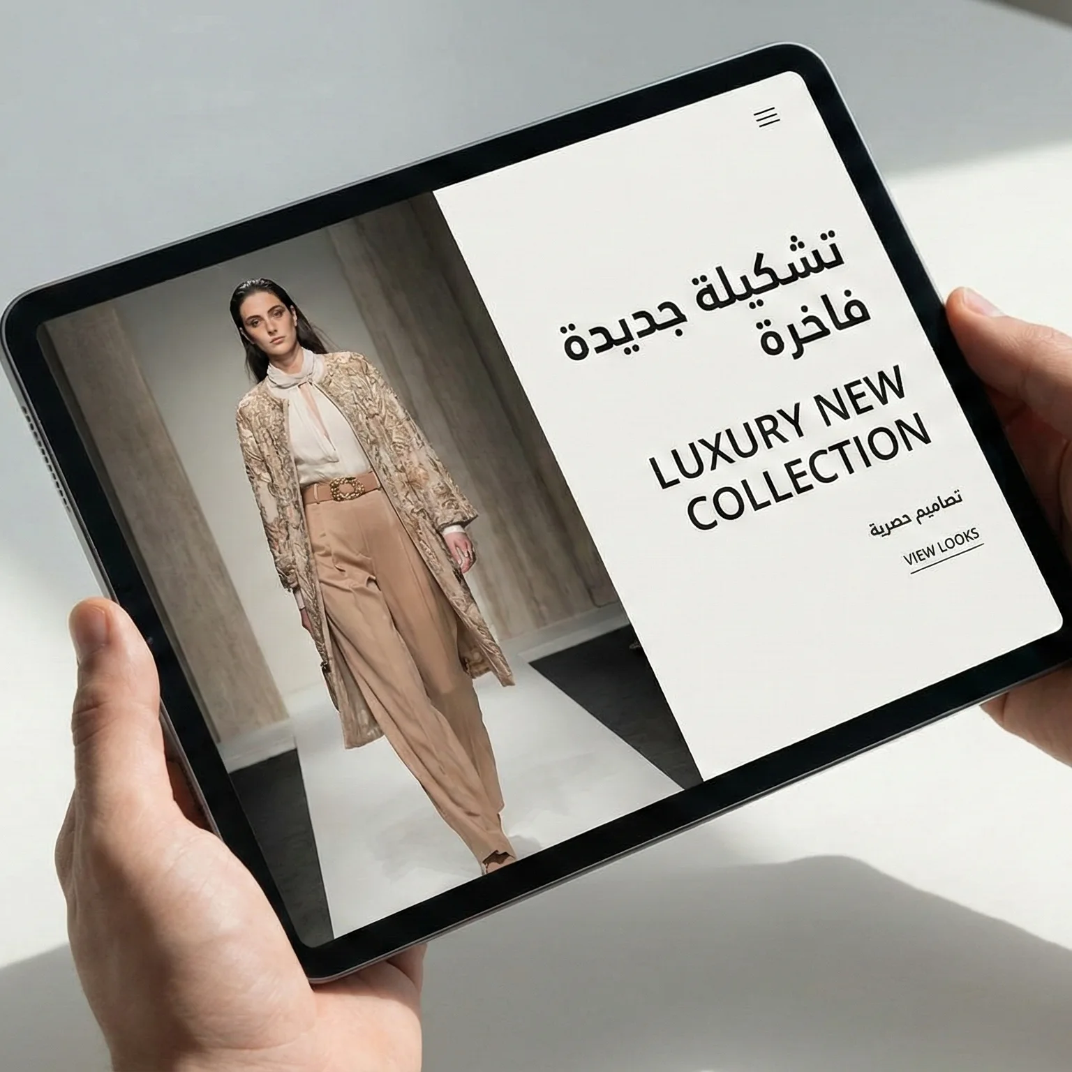 High-end mobile-first digital fashion lookbook with Arabic and English text on a tablet