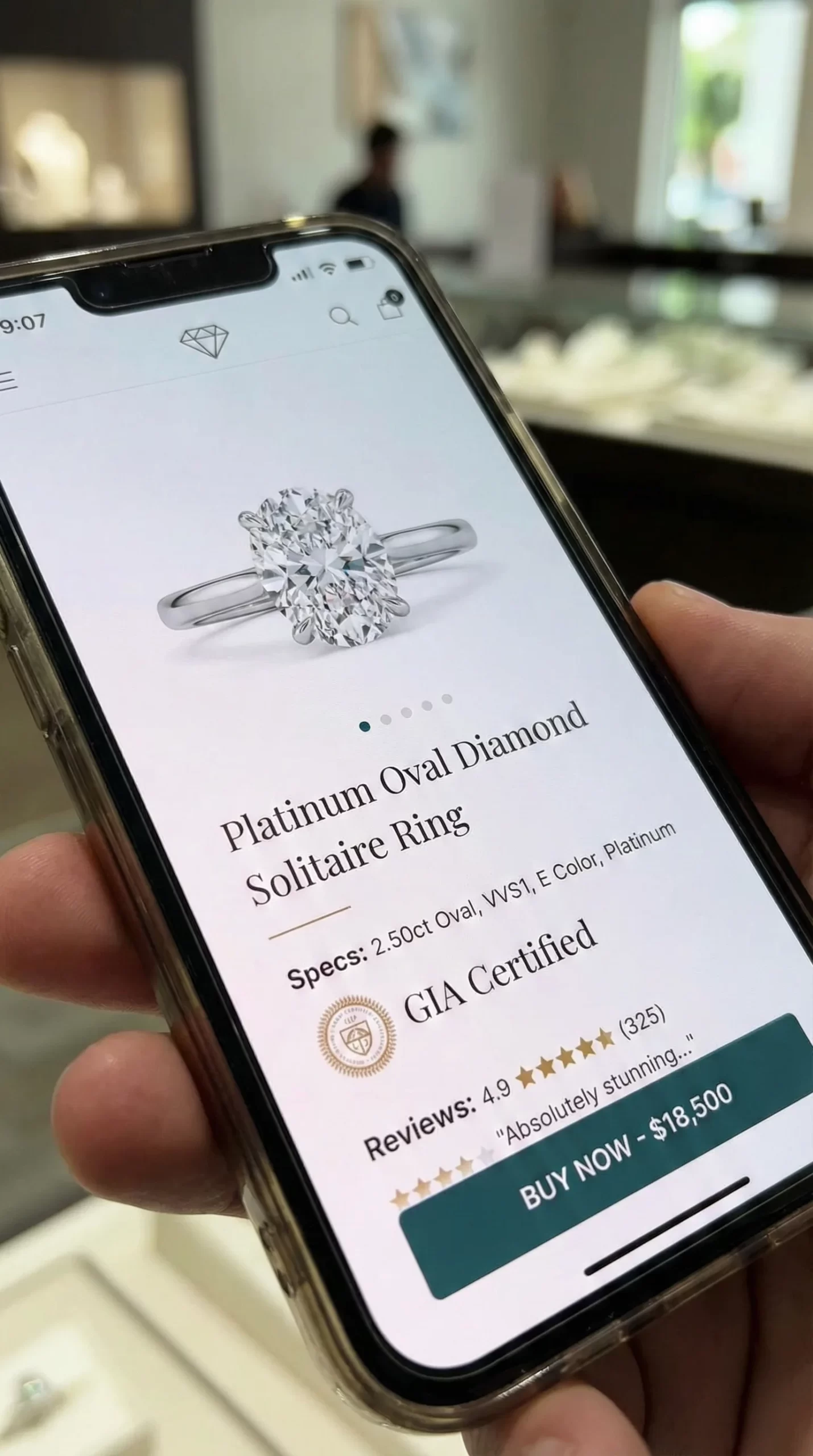 Jewelry product page close-up with specs, certificate badge, reviews, and a buy button. Photographic.