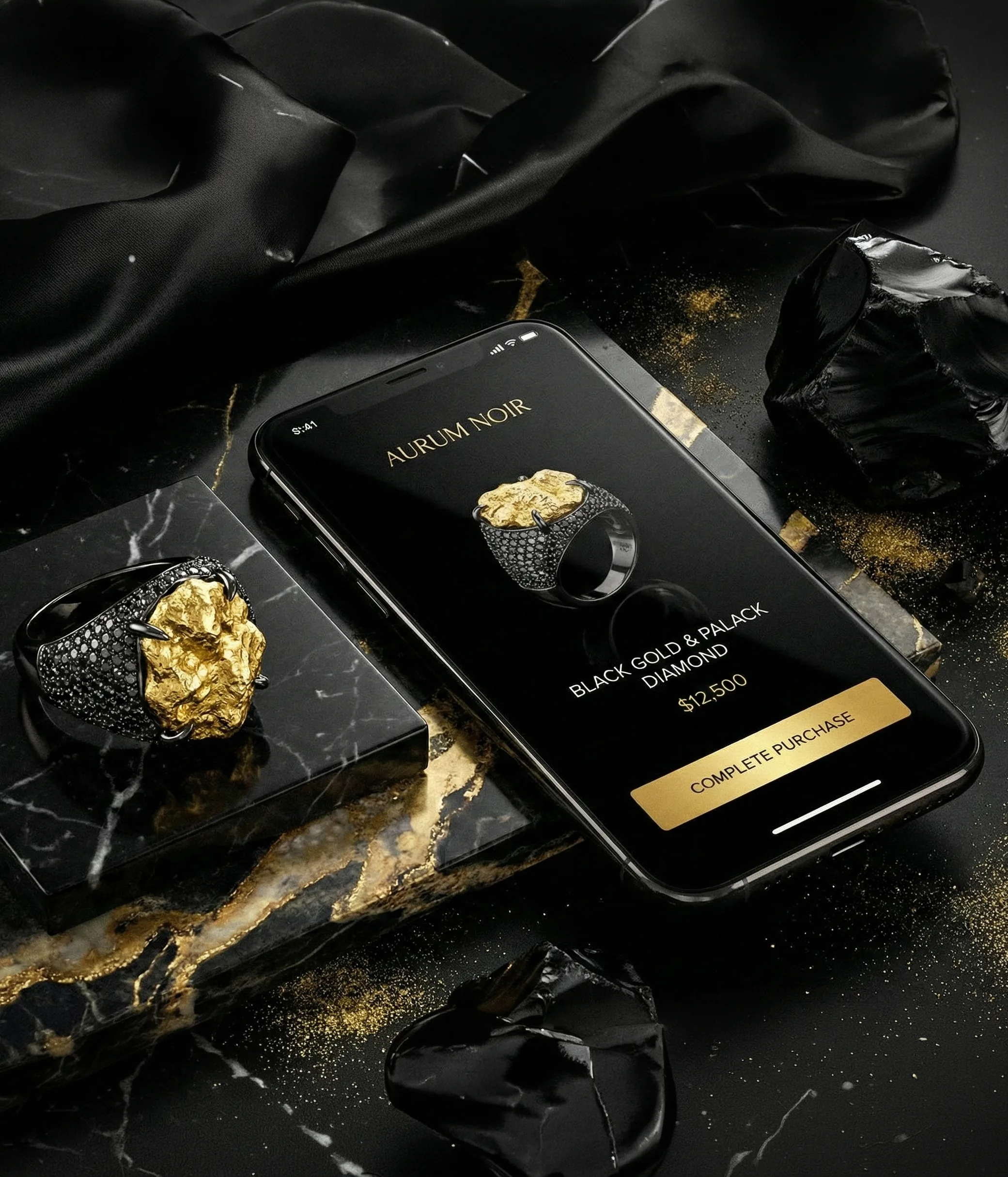 Luxury jewelry product shot with a modern mobile checkout scene. Photographic, black and gold mood