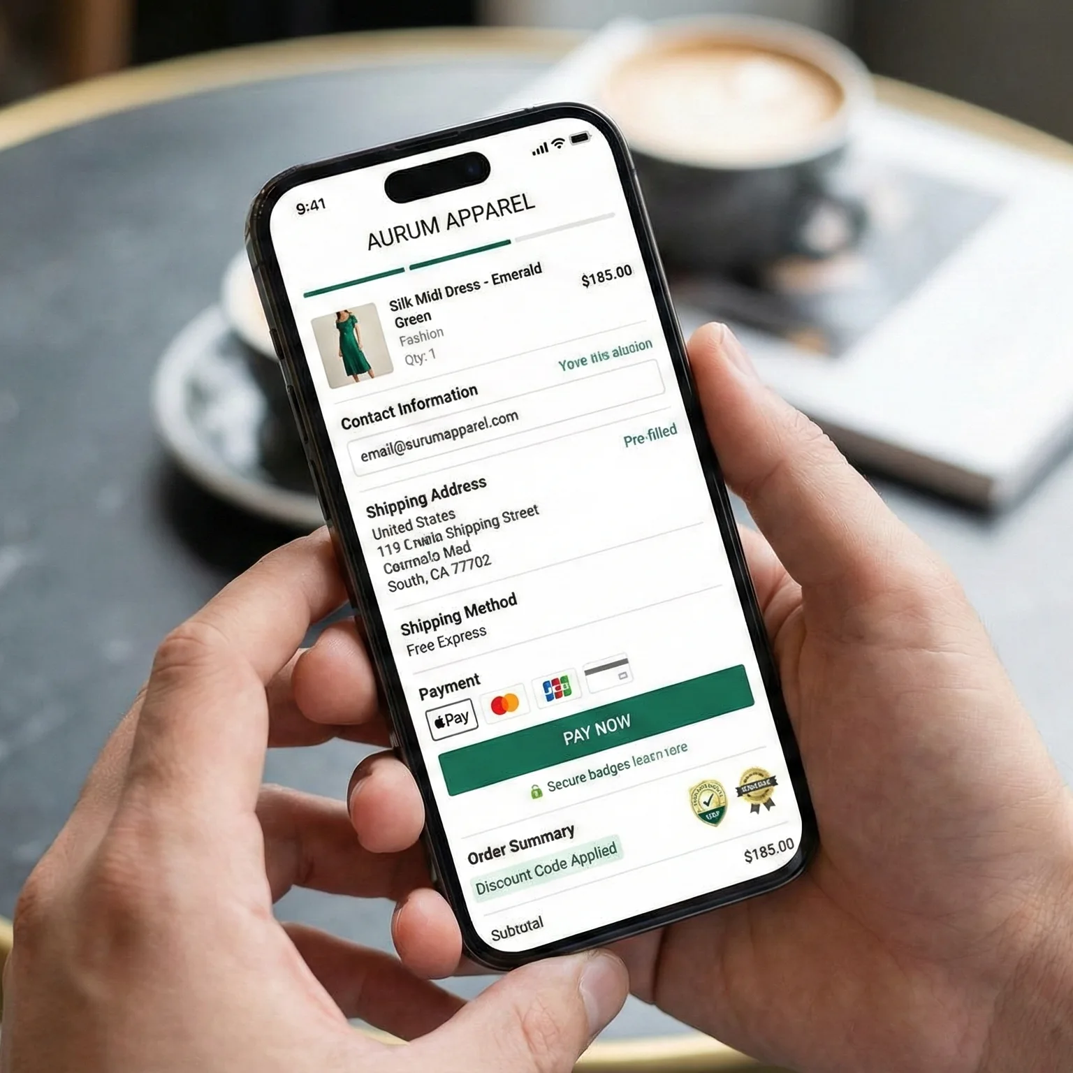 Mobile smartphone displaying a high-converting Shopify fashion checkout page
