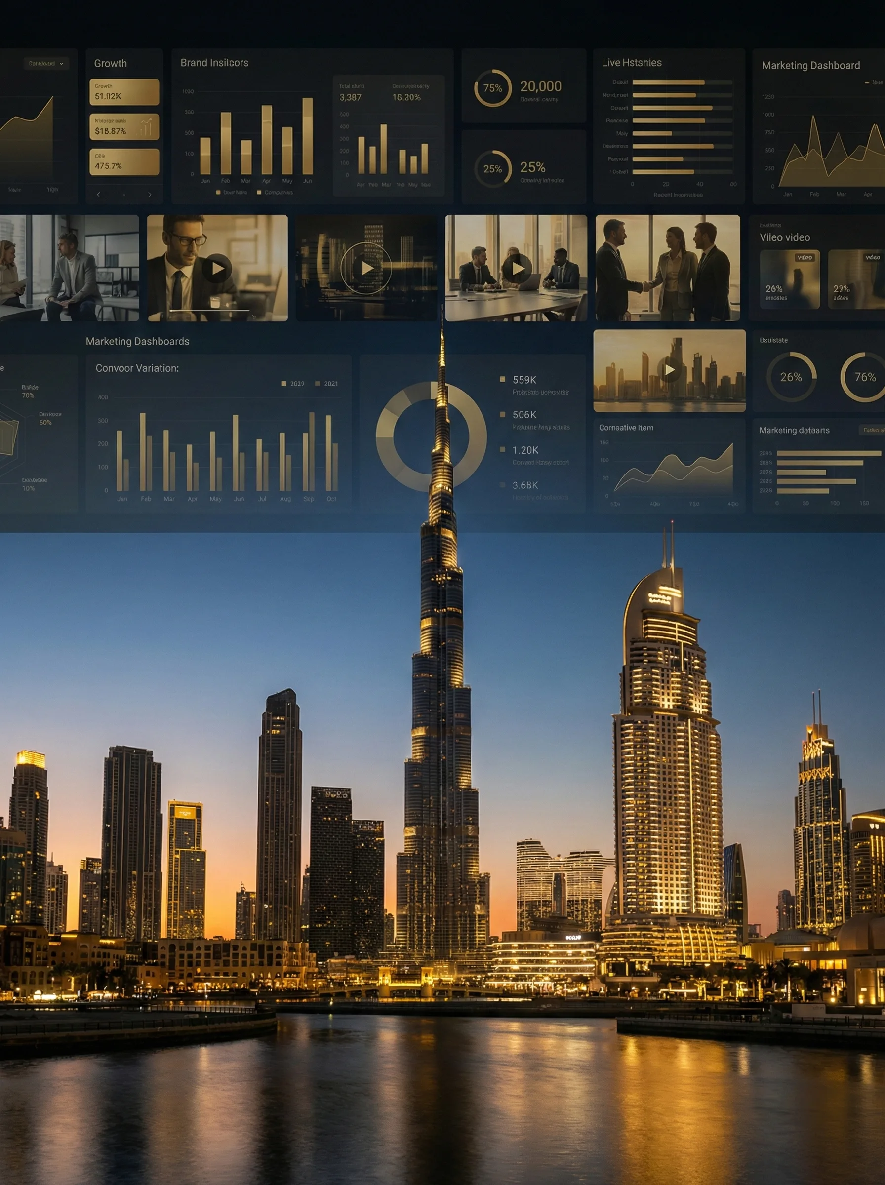 UAE skyline at dusk with digital marketing dashboard overlay — 2026 UAE digital marketing trends