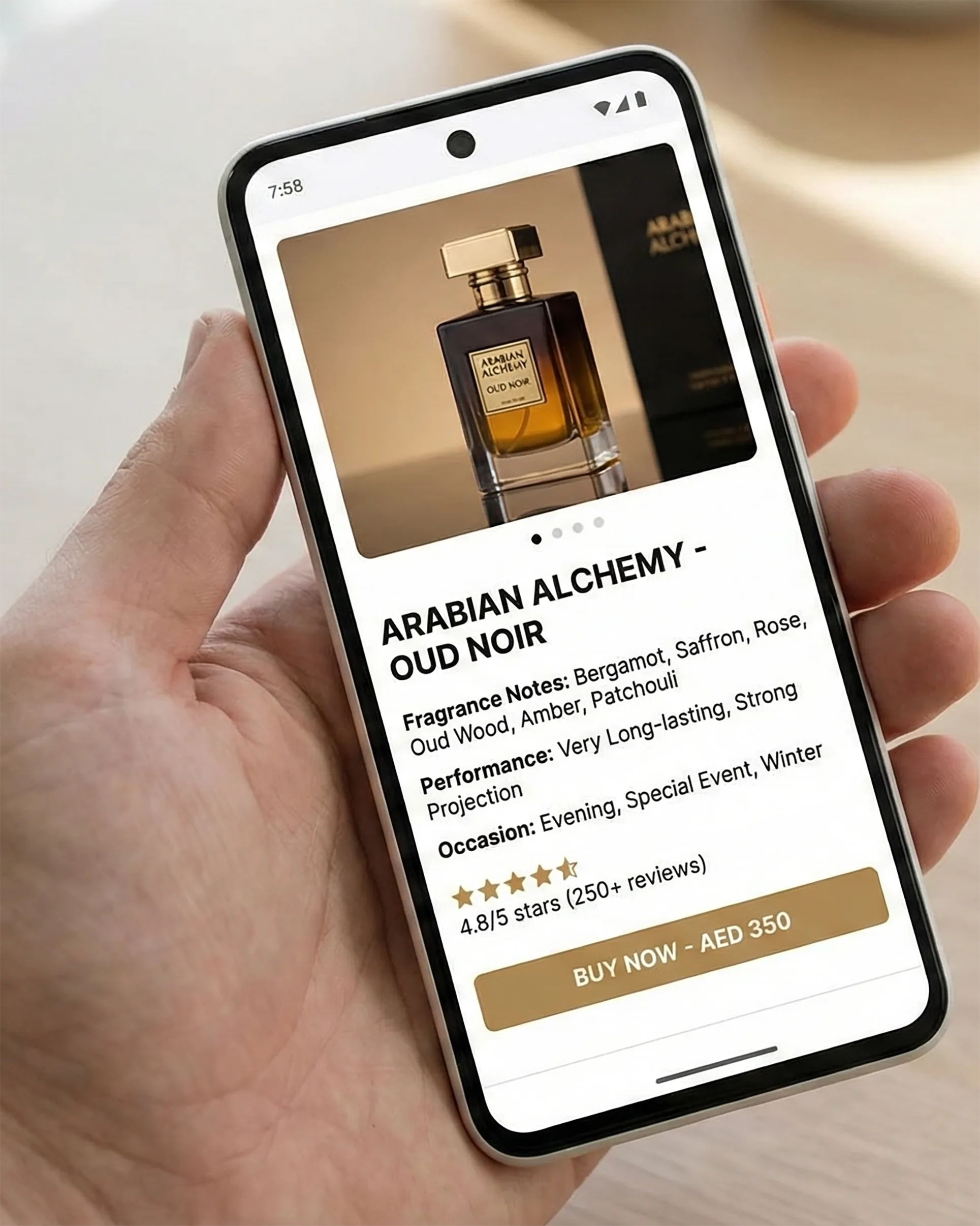 Photographic smartphone showing a perfume product page with notes
