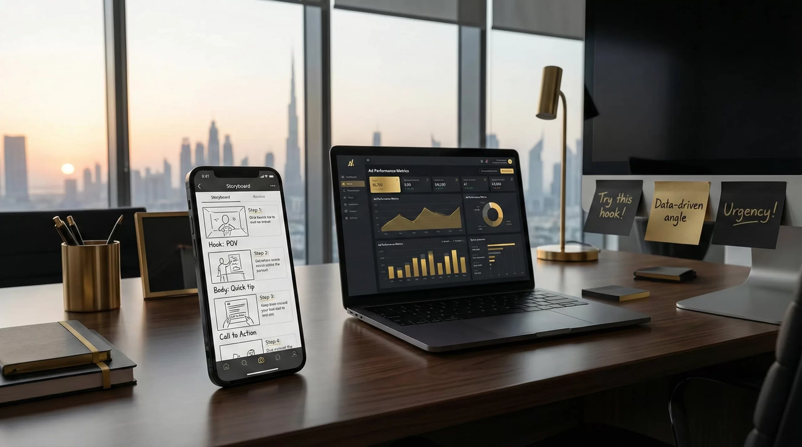 Photorealistic desk setup with phone showing short-form video storyboard frames, laptop showing ad performance metrics, sticky notes with hook ideas