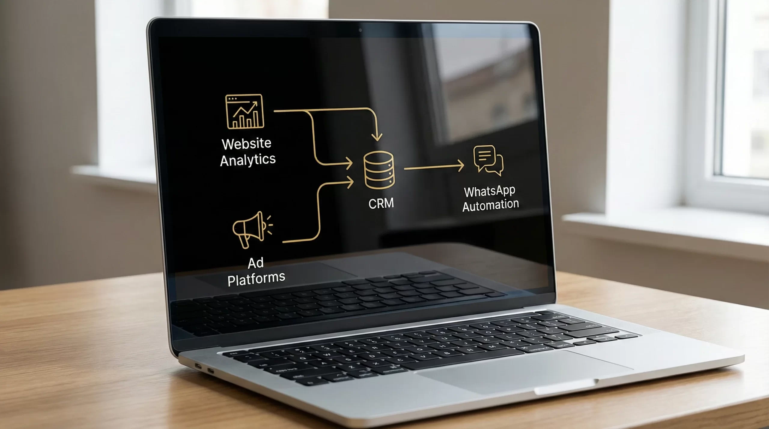 Photorealistic laptop screen displaying a clean data flow diagram connecting website analytics, ad platforms, CRM, and WhatsApp automation