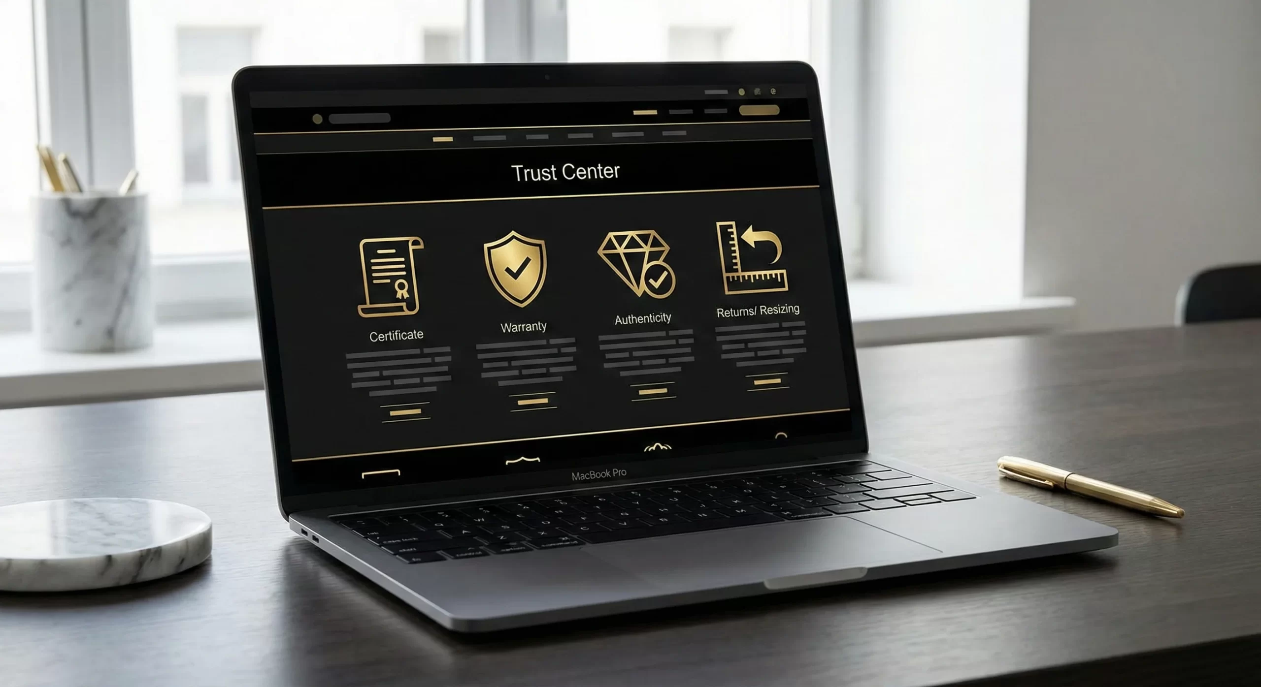 Trust Center page concept on a laptop, certificate icons, warranty, returns, authenticity. Photographic, black and gold mood.