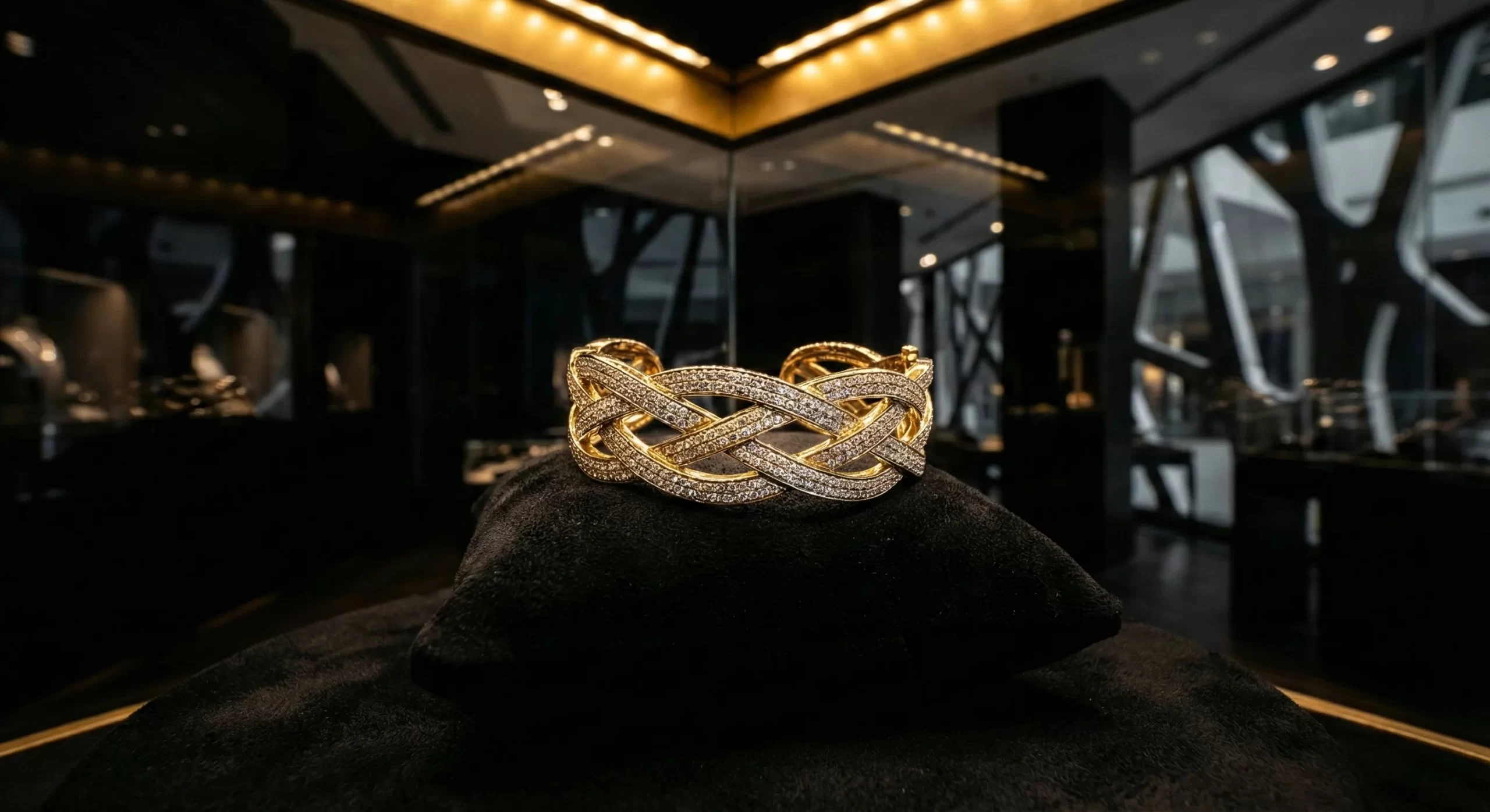 Photographic luxury jewelry scene, modern retail feel, black and gold mood. Premium and minimal