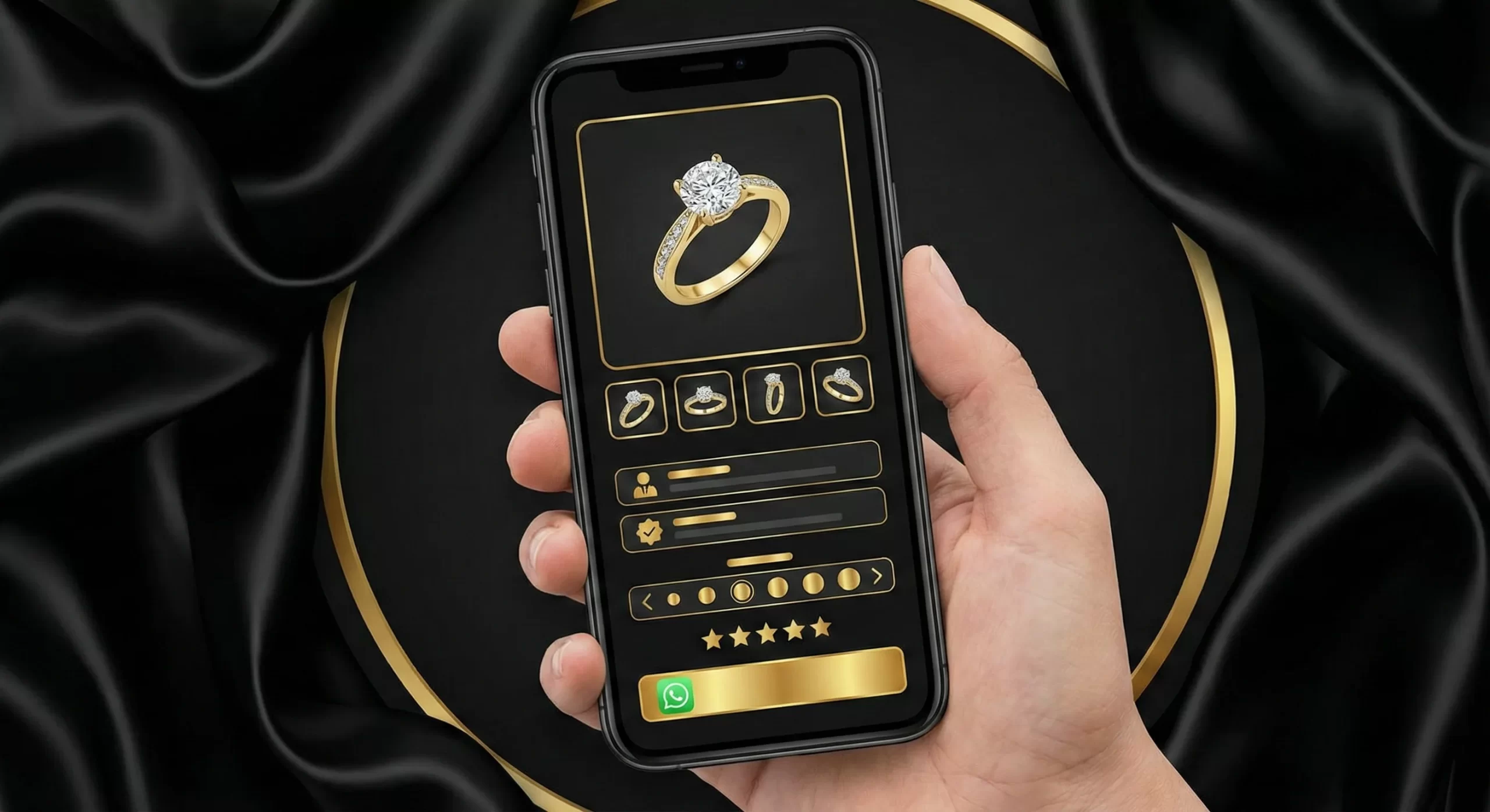 Jewelry product page layout on phone with specs blocks, sizing, material options, review stars, and a clean contact button. Photographic.