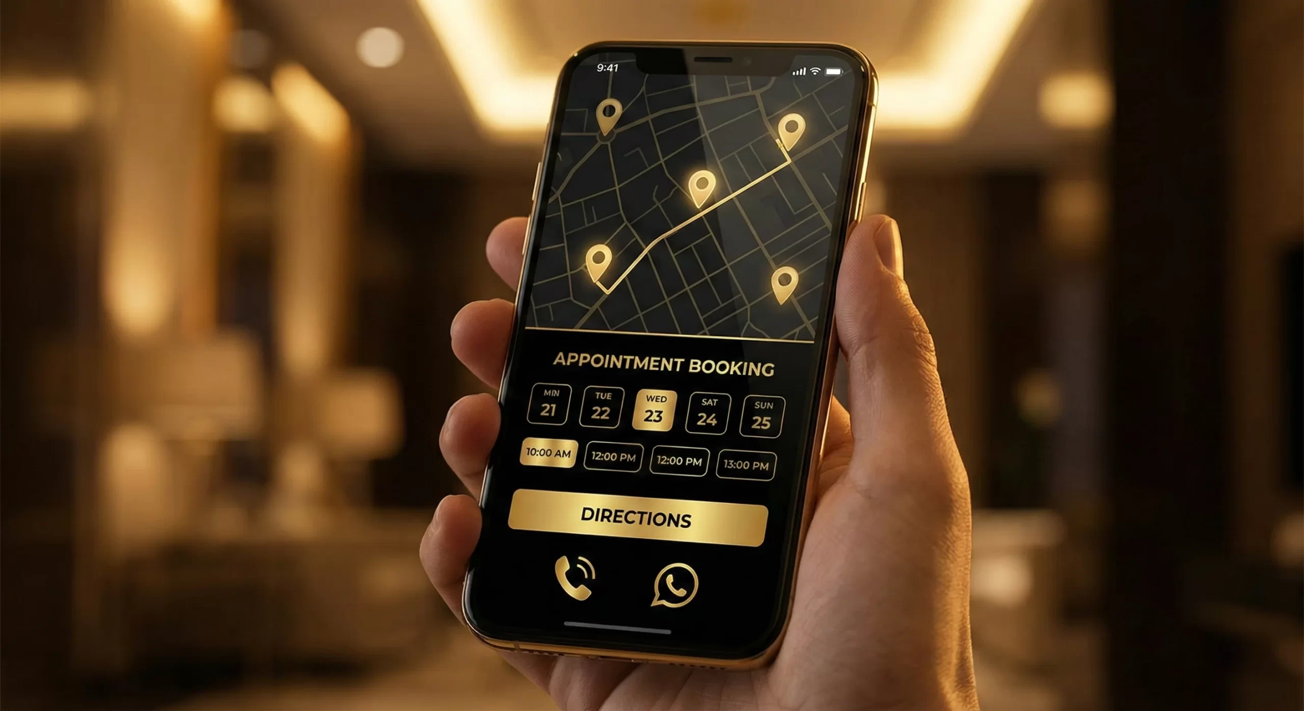 Store locator and appointment booking on mobile, map view, directions button, WhatsApp CTA. Photographic, black and gold mood.