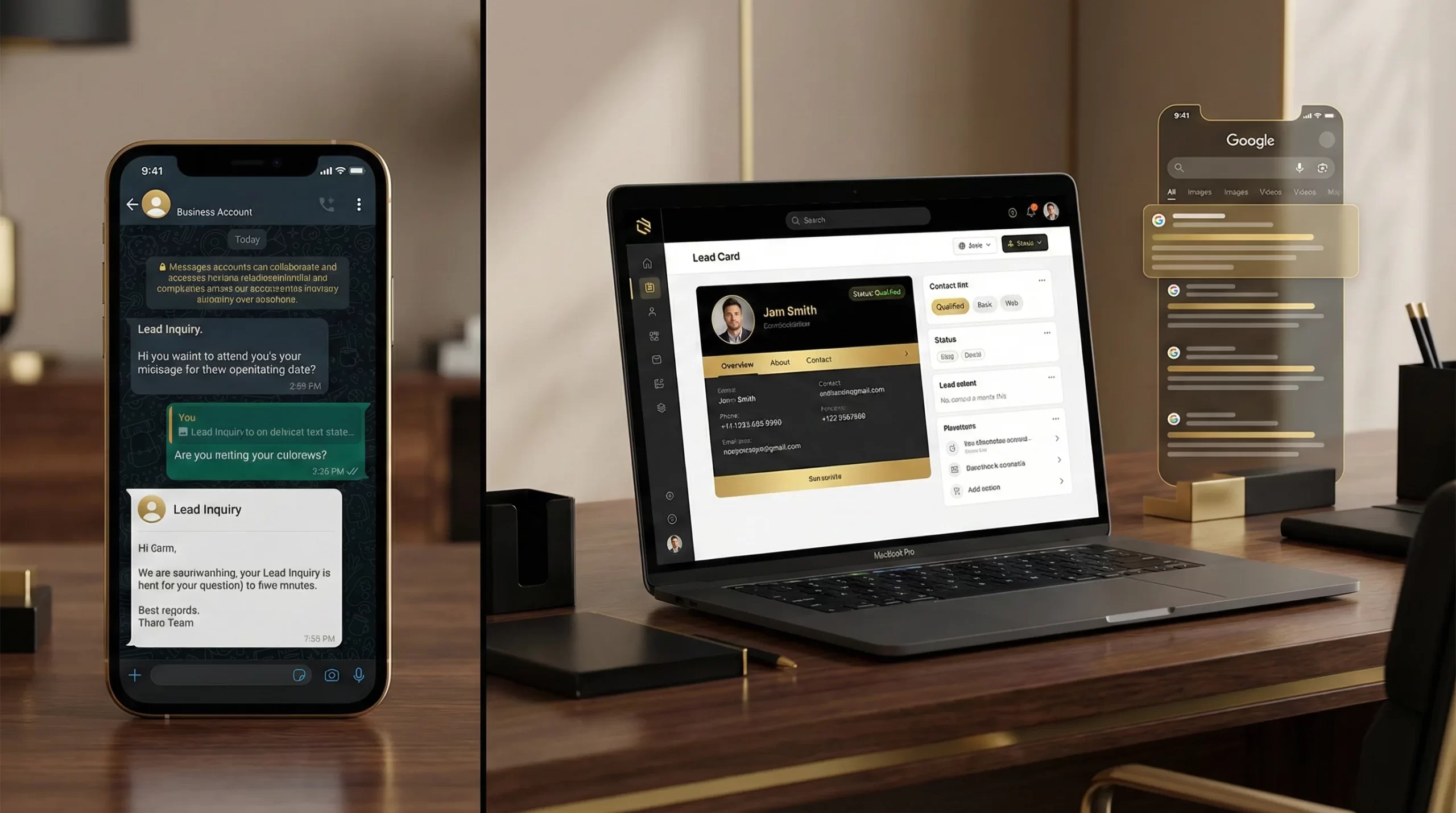 Photorealistic split scene showing a smartphone with WhatsApp business chat, a laptop with a CRM lead card, and a mobile Google search screen
