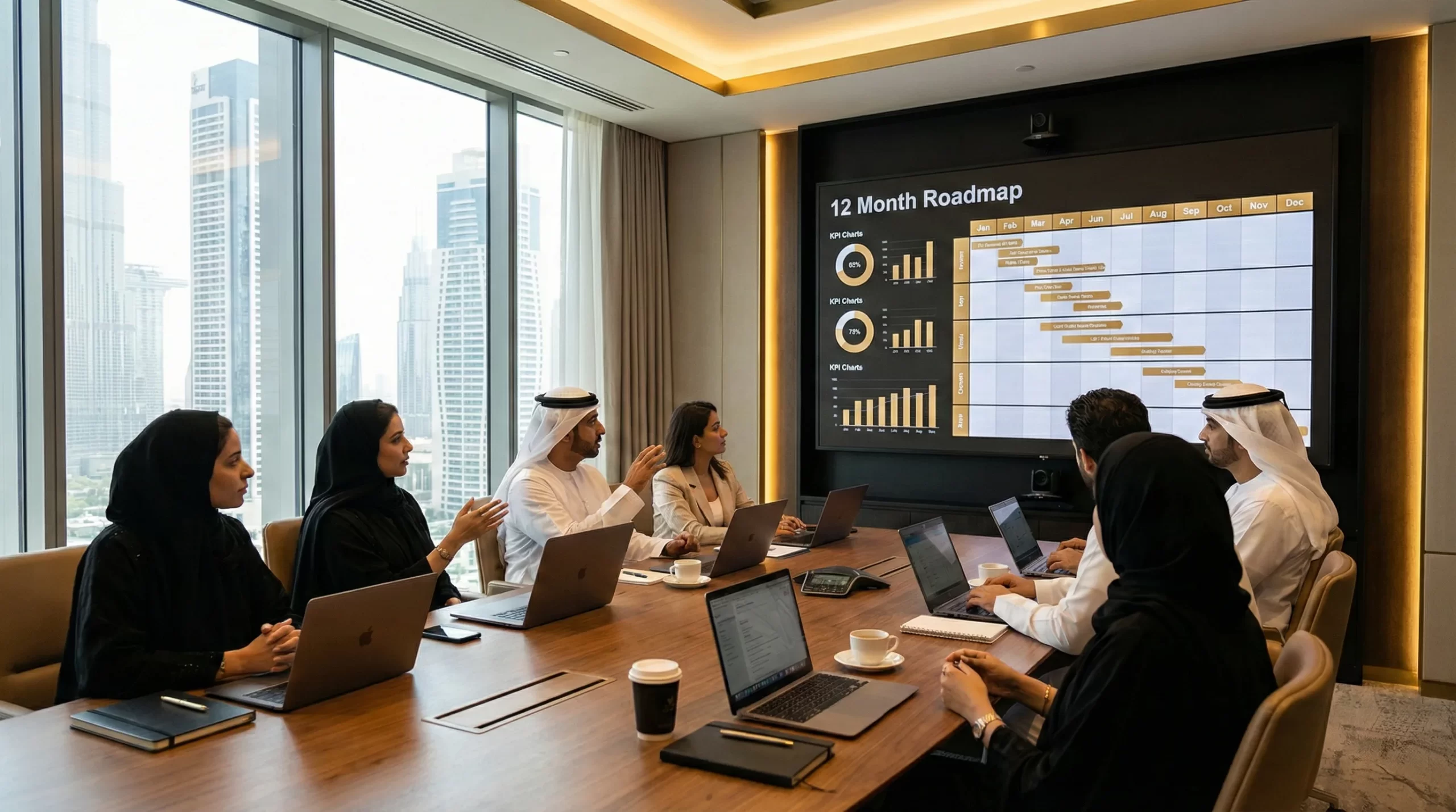 Photorealistic workshop scene with a wall screen showing a 12-month roadmap timeline and KPIs