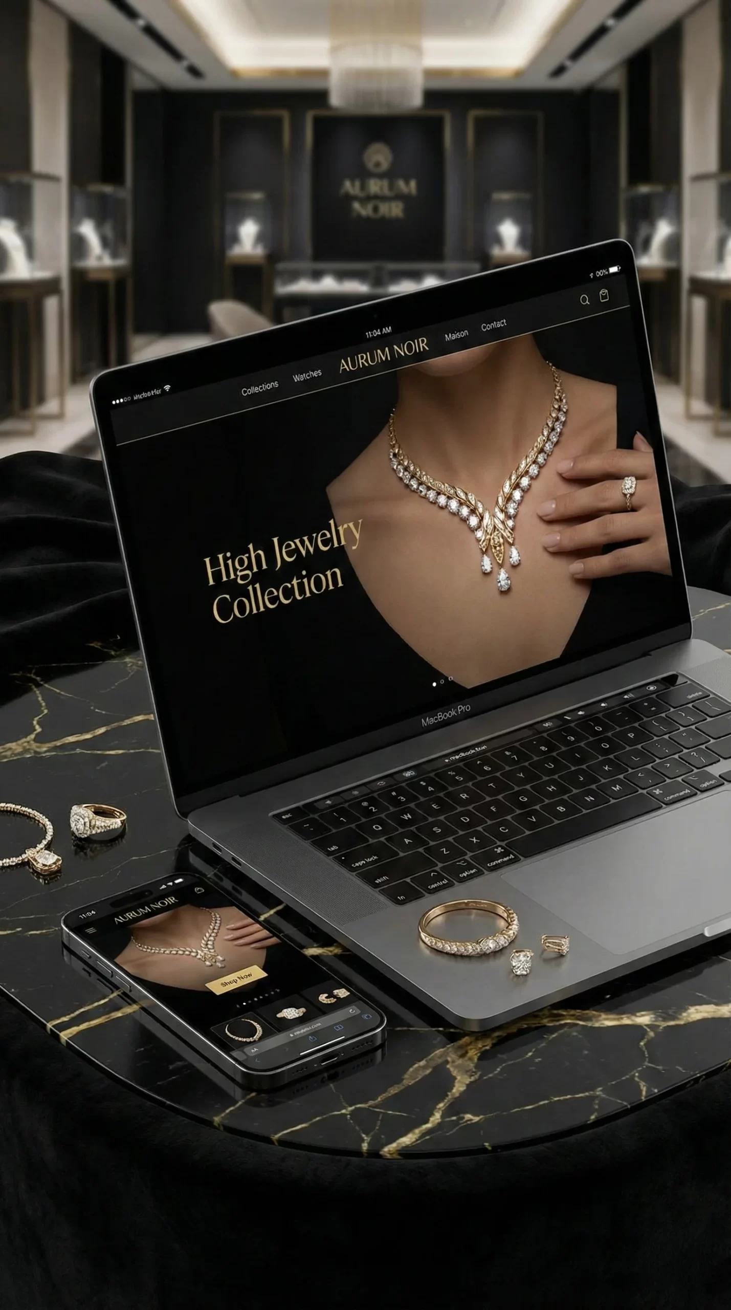 Premium jewelry store website UI on laptop and phone, black and gold aesthetic, photographic.