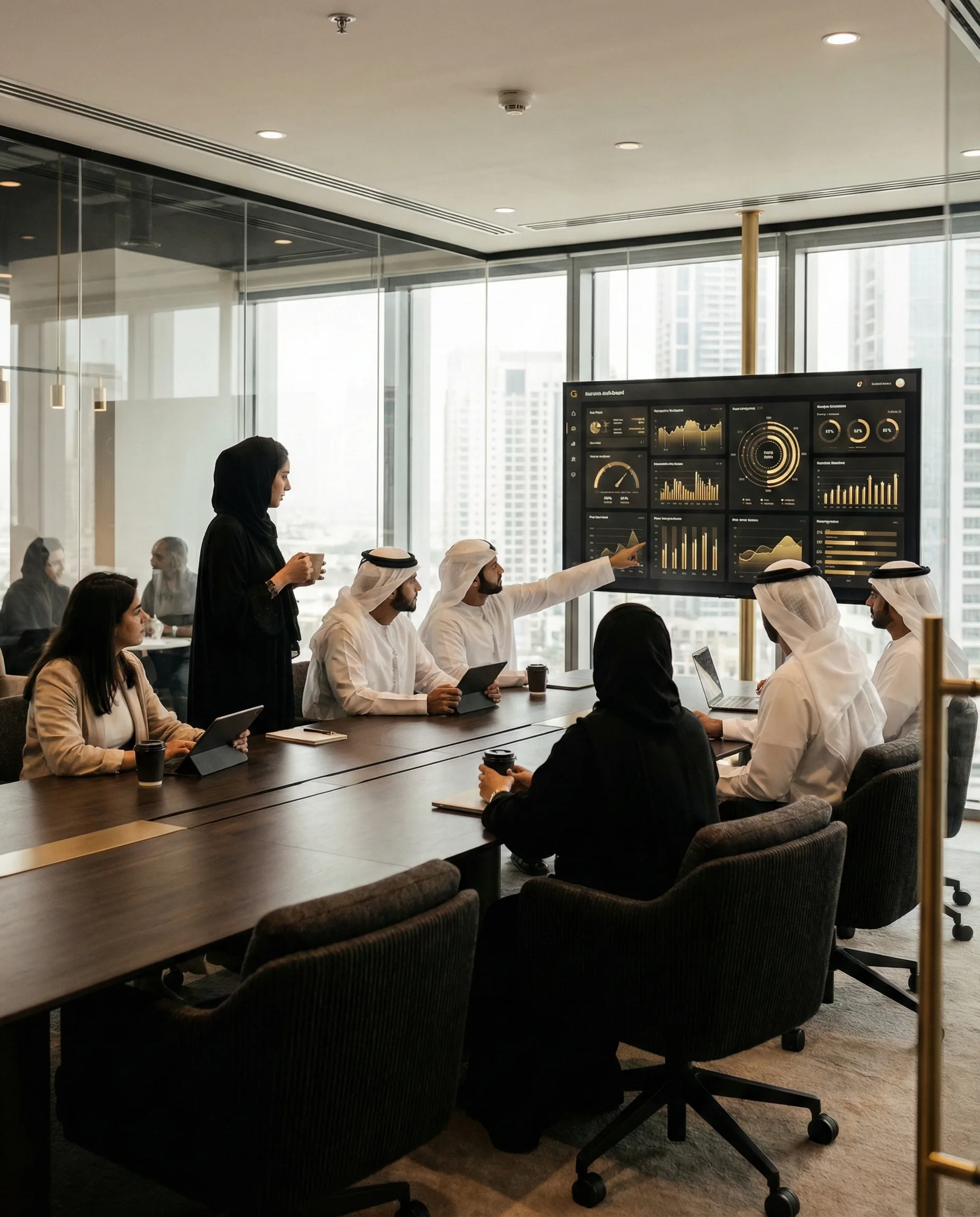 UAE marketing team in a modern office reviewing an analytics dashboard on a large screen