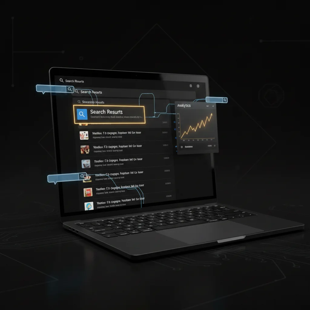 A sleek, dark-mode mockup of a search engine results page (SERP) on a laptop screen