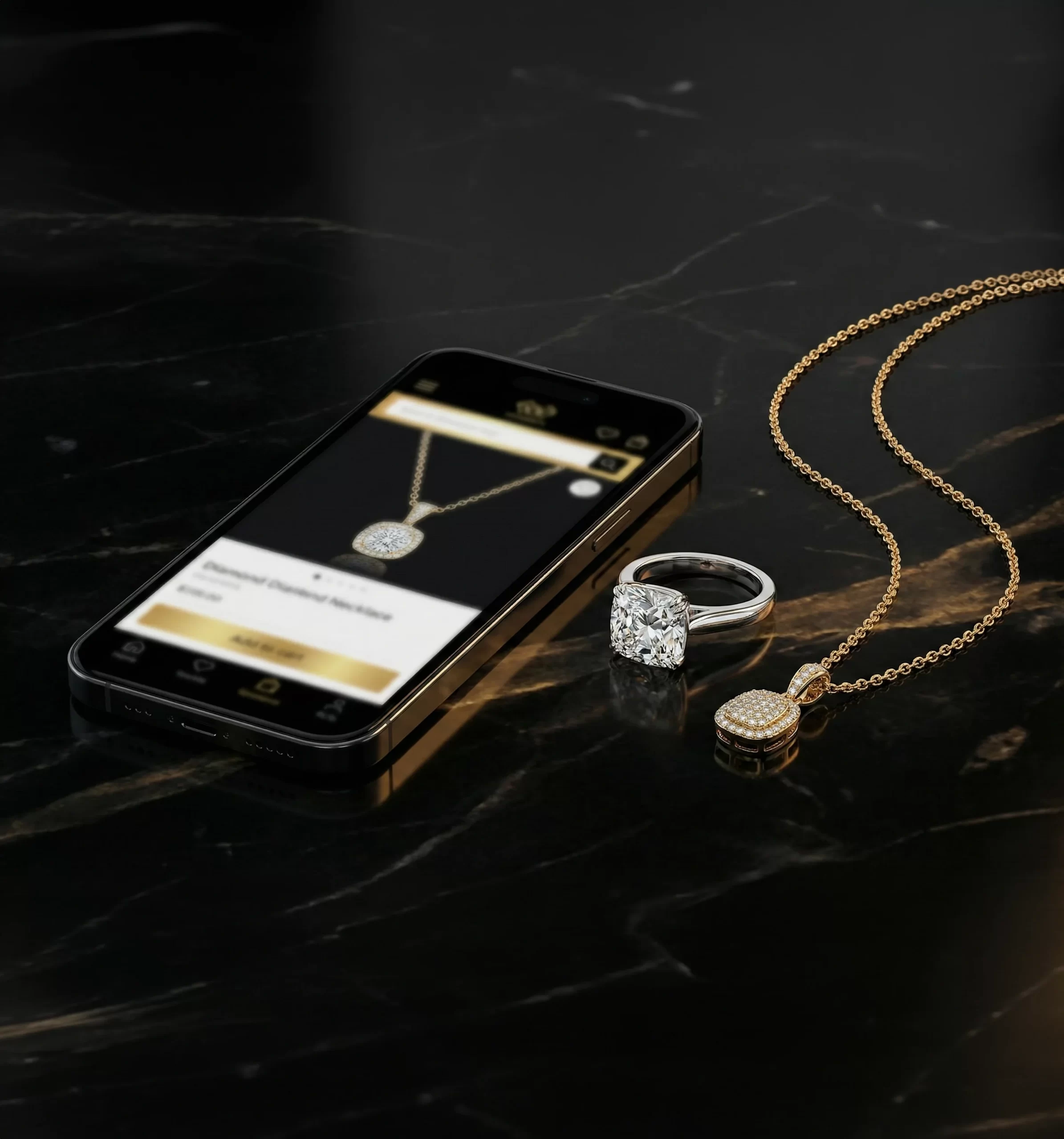 High-end product photo style scene, luxury jewelry ecommerce on a smartphone, premium ring and necklace beside the phone