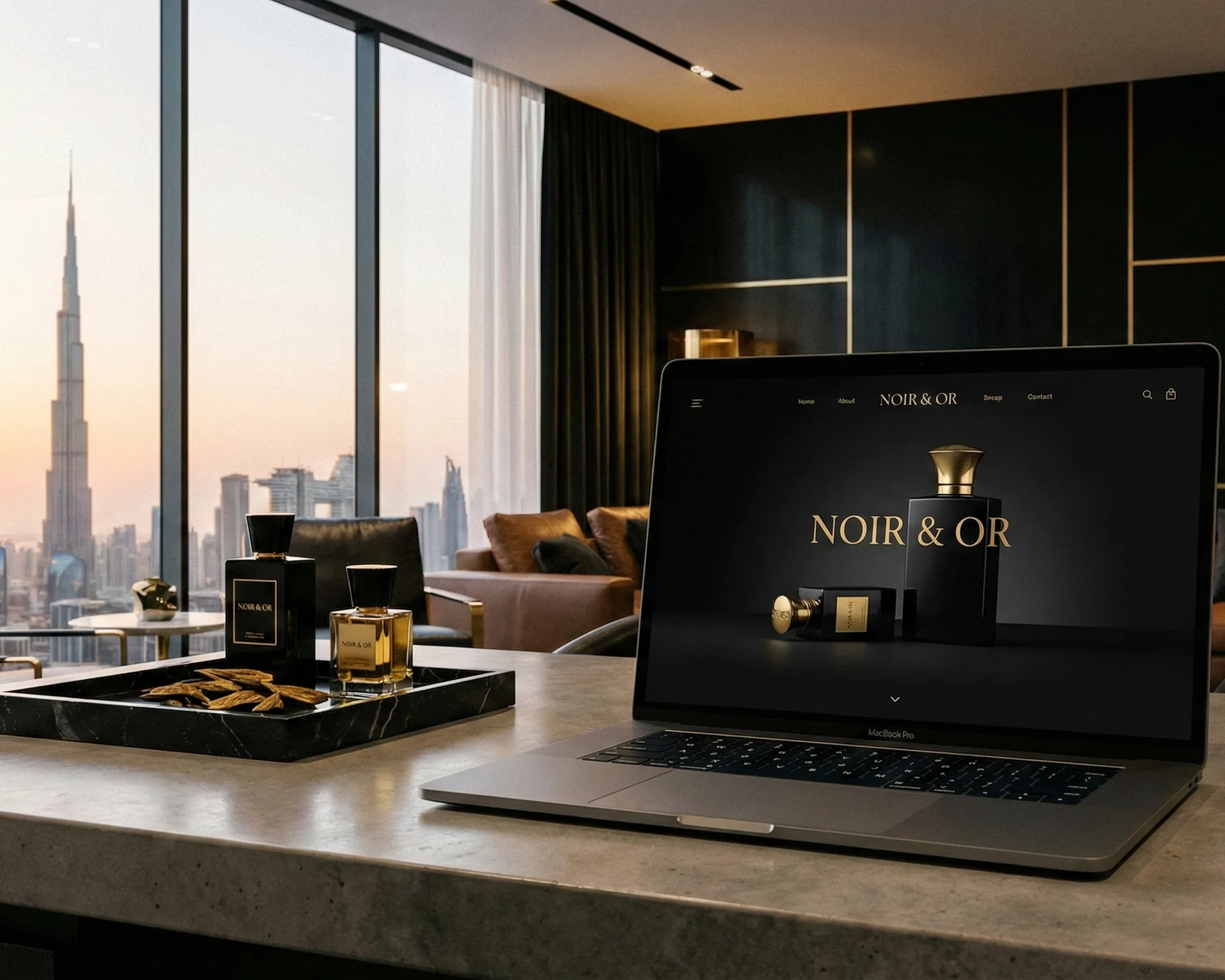 Photographic perfume brand website on a laptop 