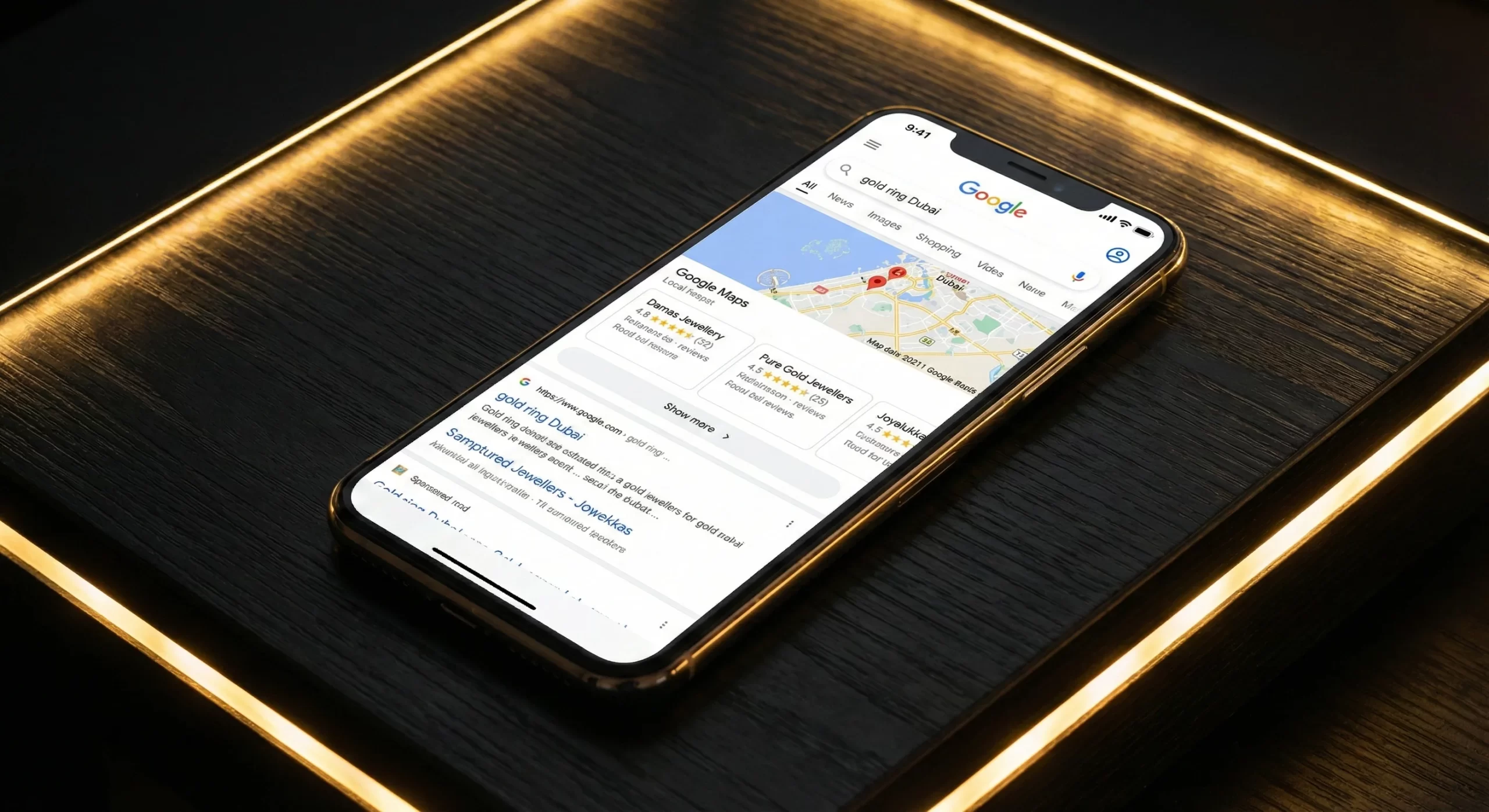 A realistic mobile screen view showing Google results for “gold ring Dubai” with a visible map pack and star ratings