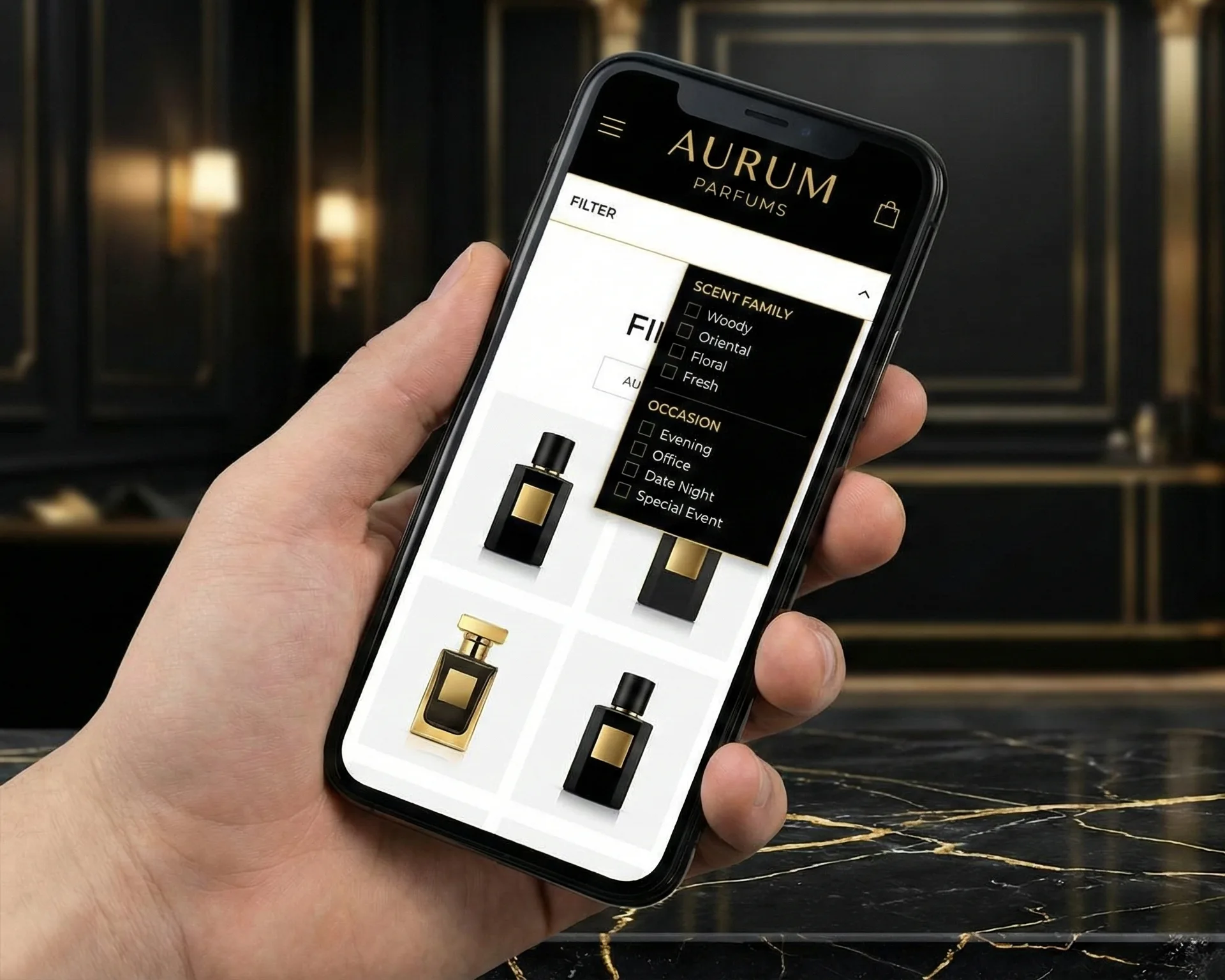 Shopify perfume eCommerce store on smartphone — UAE fragrance website design by Titan Digital
