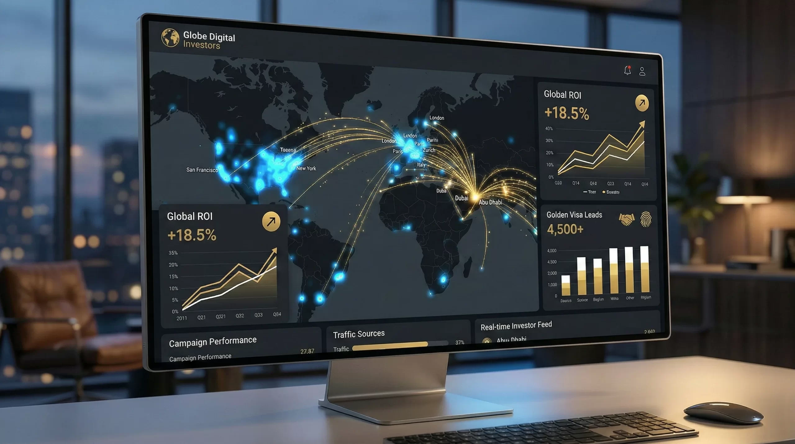 A premium, photorealistic digital marketing dashboard displayed on a sleek, modern monitor.