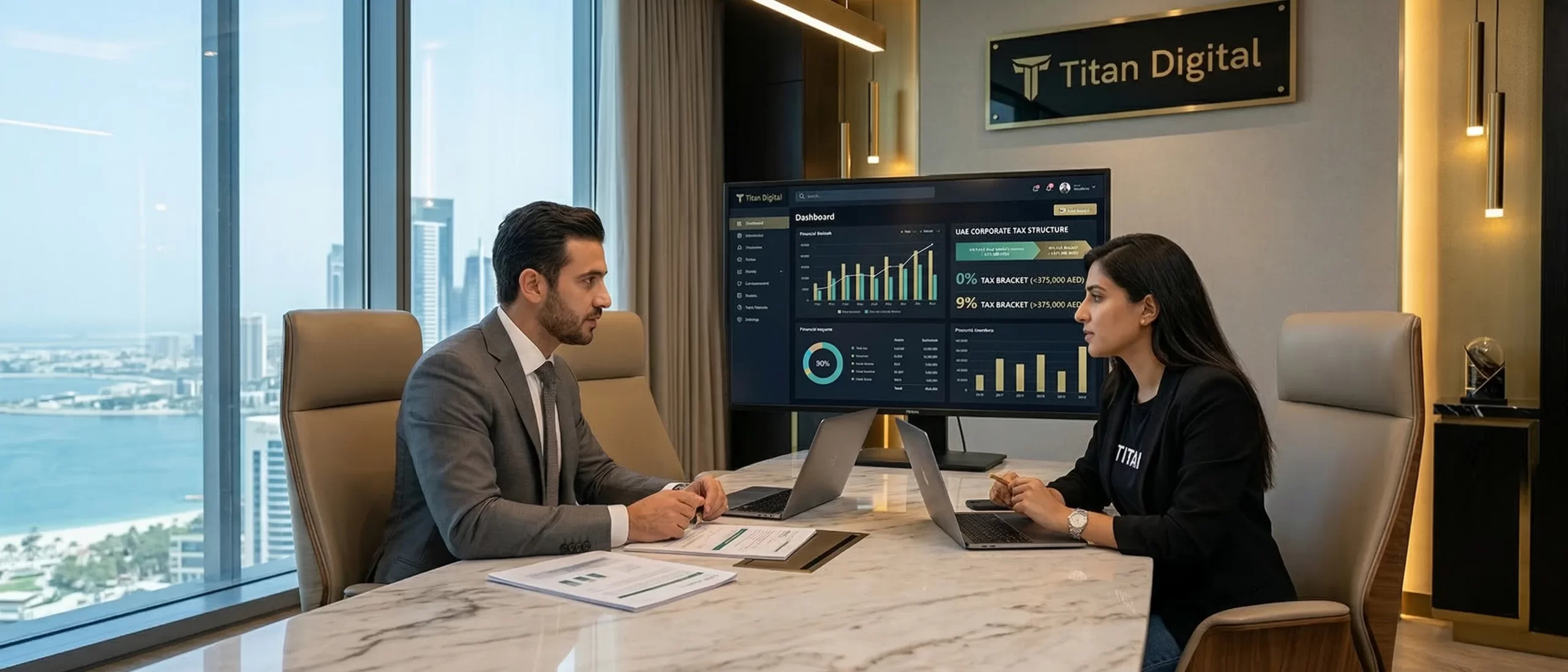 Accountant or advisor reviewing documents at a desk in a UAE setting