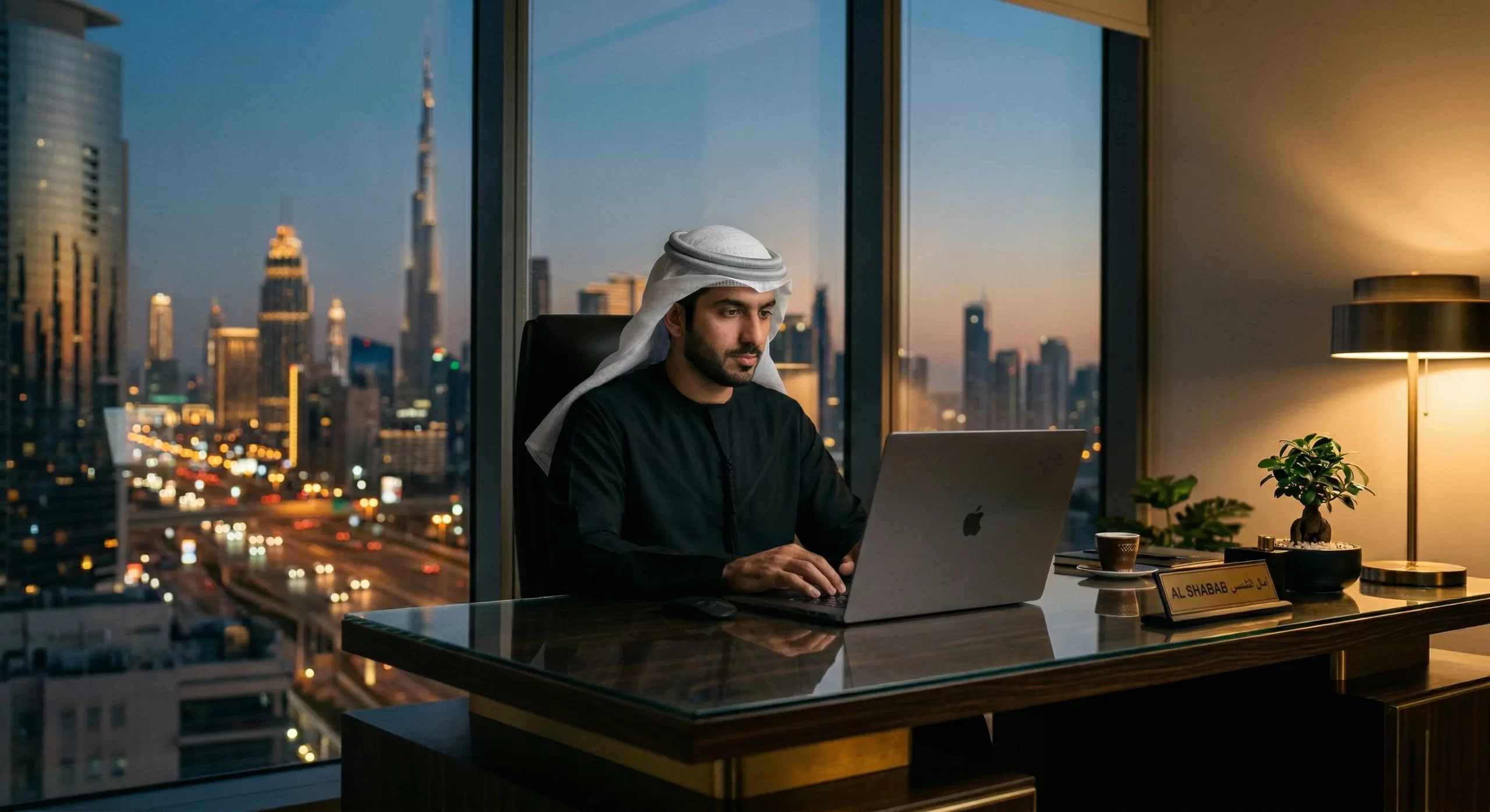 UAE business owner at a sleek desk, reviewing a laptop screen