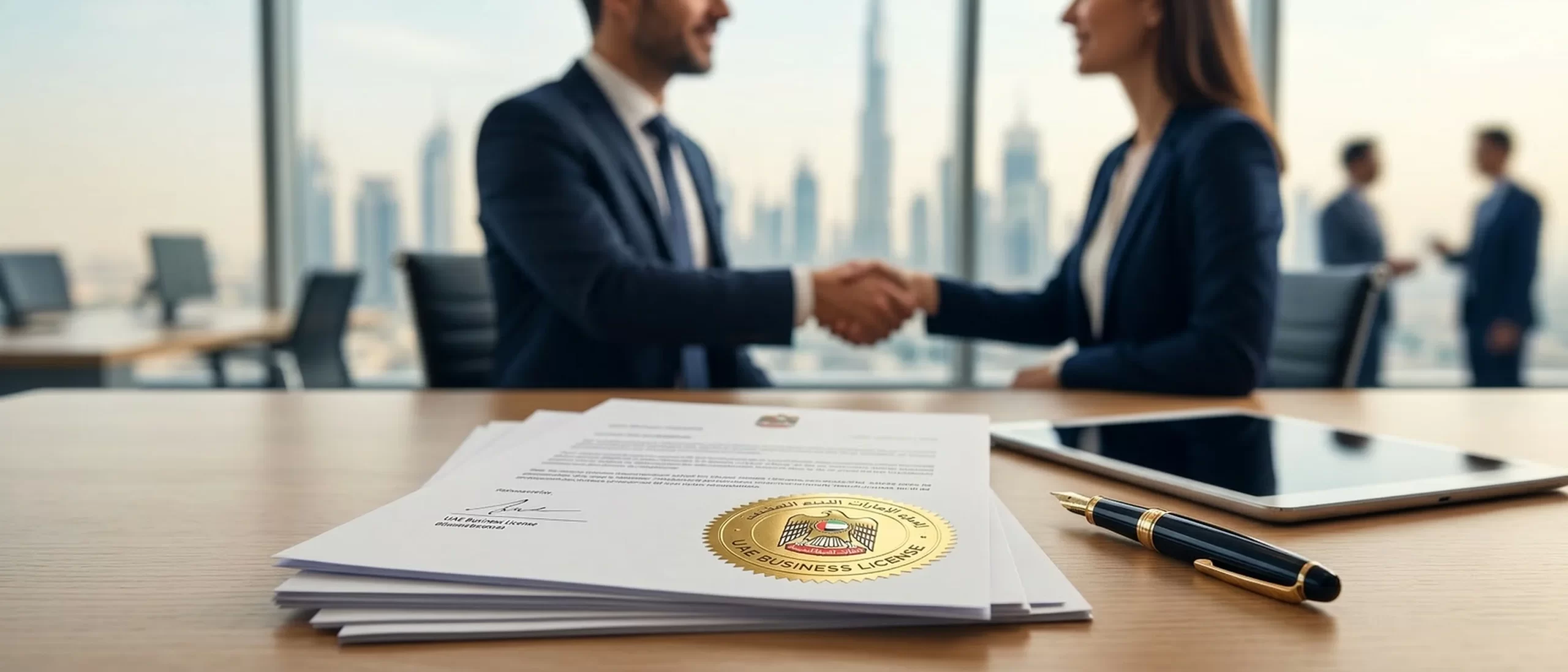 Founder reviewing license documents or signing paperwork in a UAE co-working space