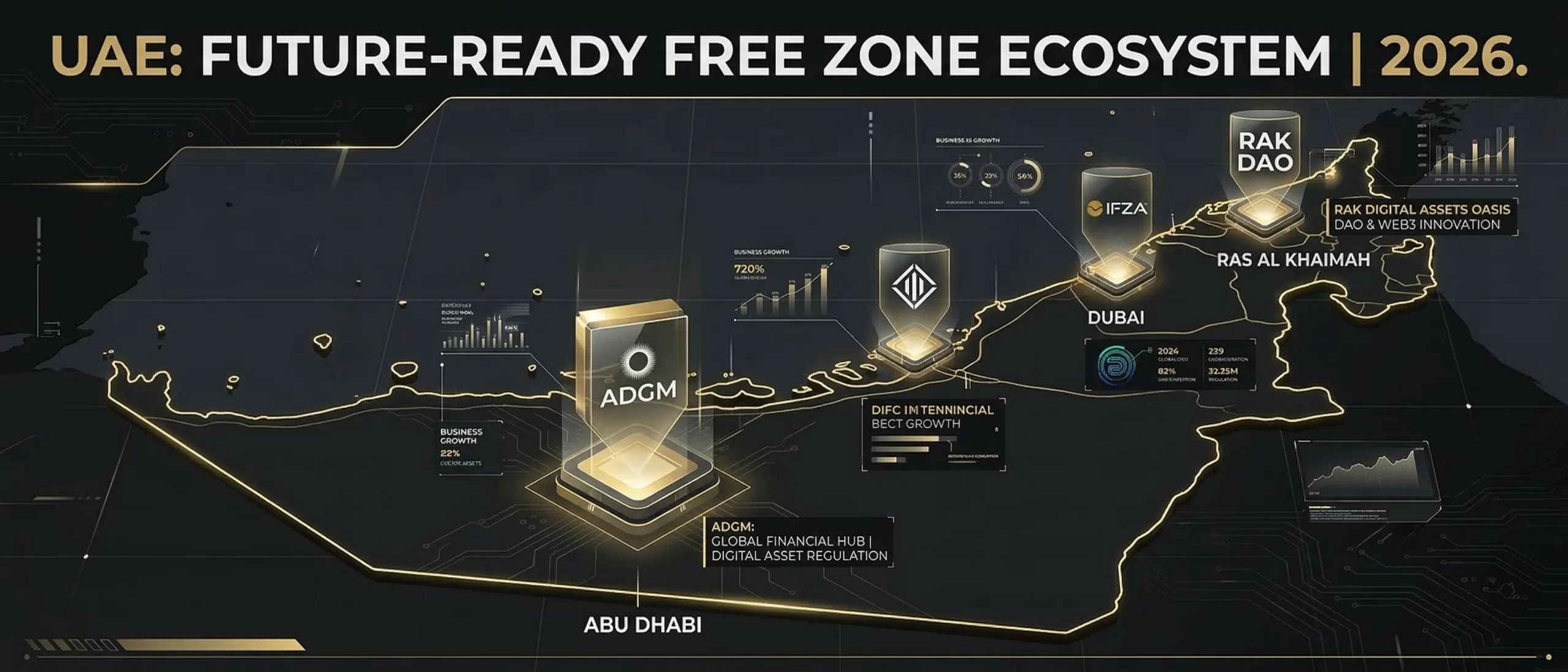 UAE free zone map highlighting DIFC, ADGM, IFZA, RAKEZ, RAK DAO locations