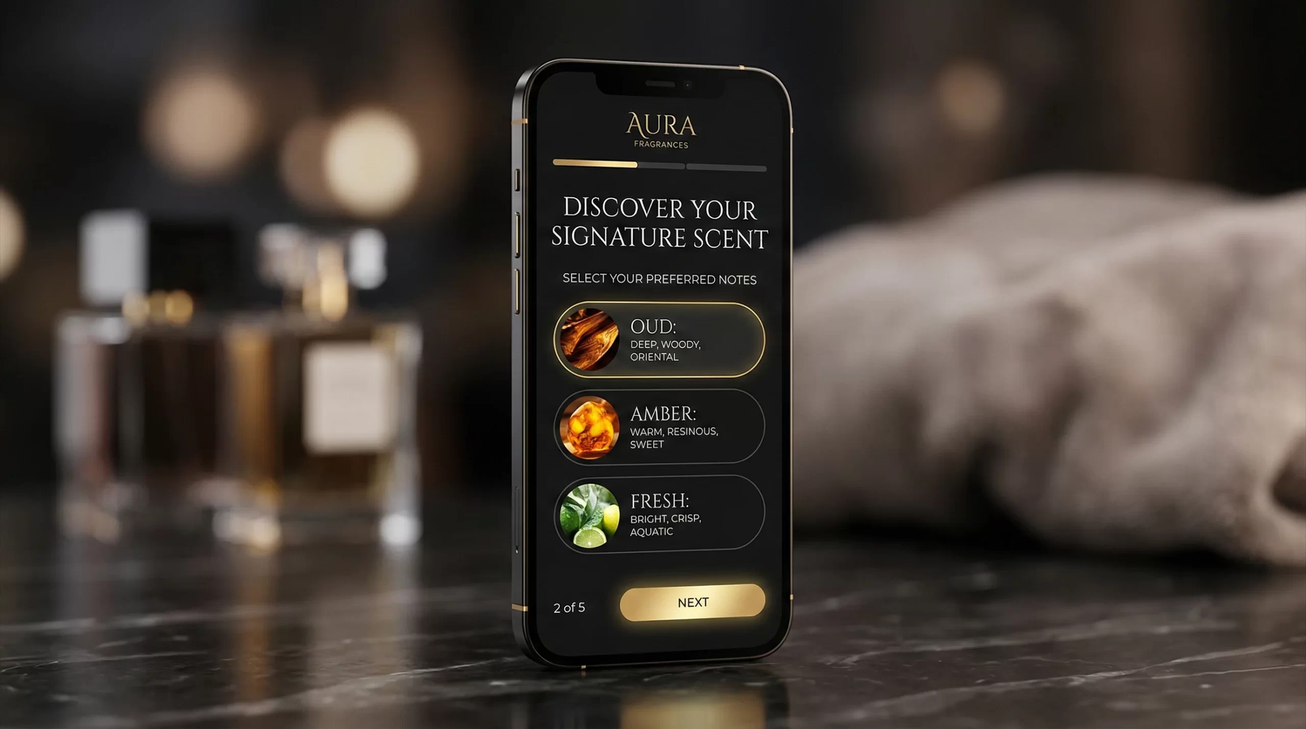 Scent Finder quiz UI for a luxury Shopify perfume eCommerce store in the UAE