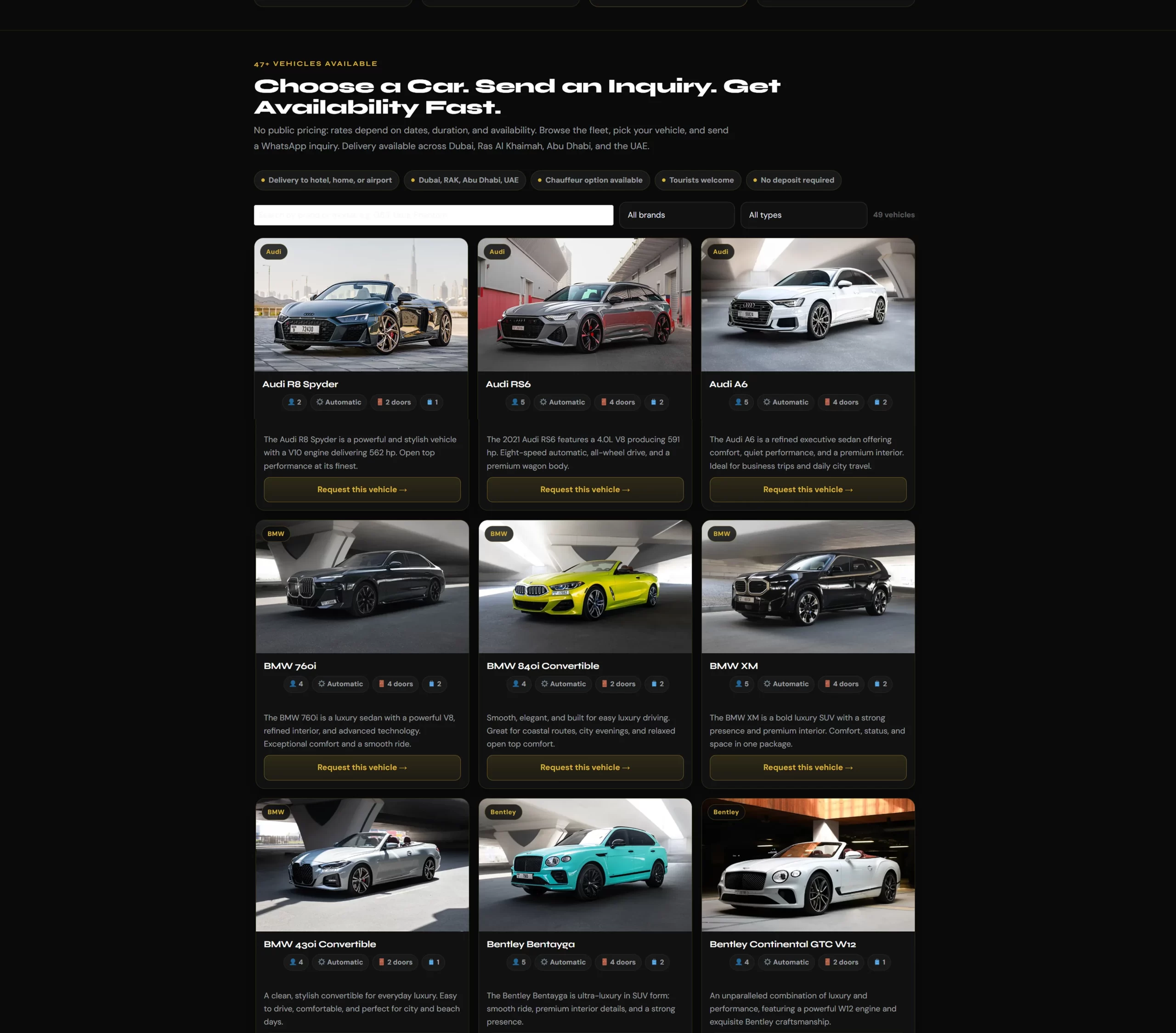 Sev7n luxury car rental page